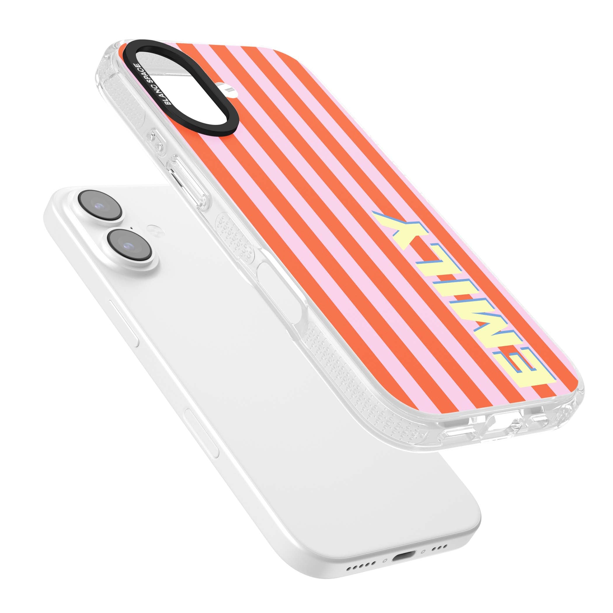 Havana Stripe personalised iPhone case featuring pink and orange vertical stripes with a custom yellow name | Clear Case Impact Air case for iPhone 17