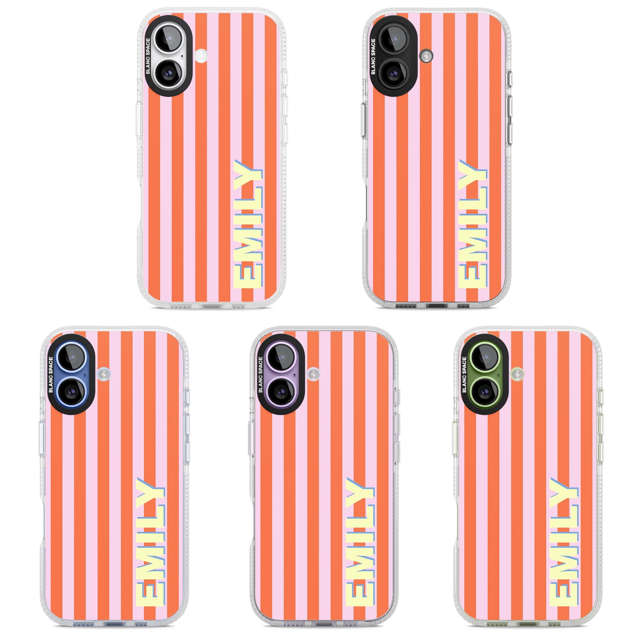 Havana Stripe personalised iPhone case featuring pink and orange vertical stripes with a custom yellow name | Clear Case Impact Air case for iPhone 17