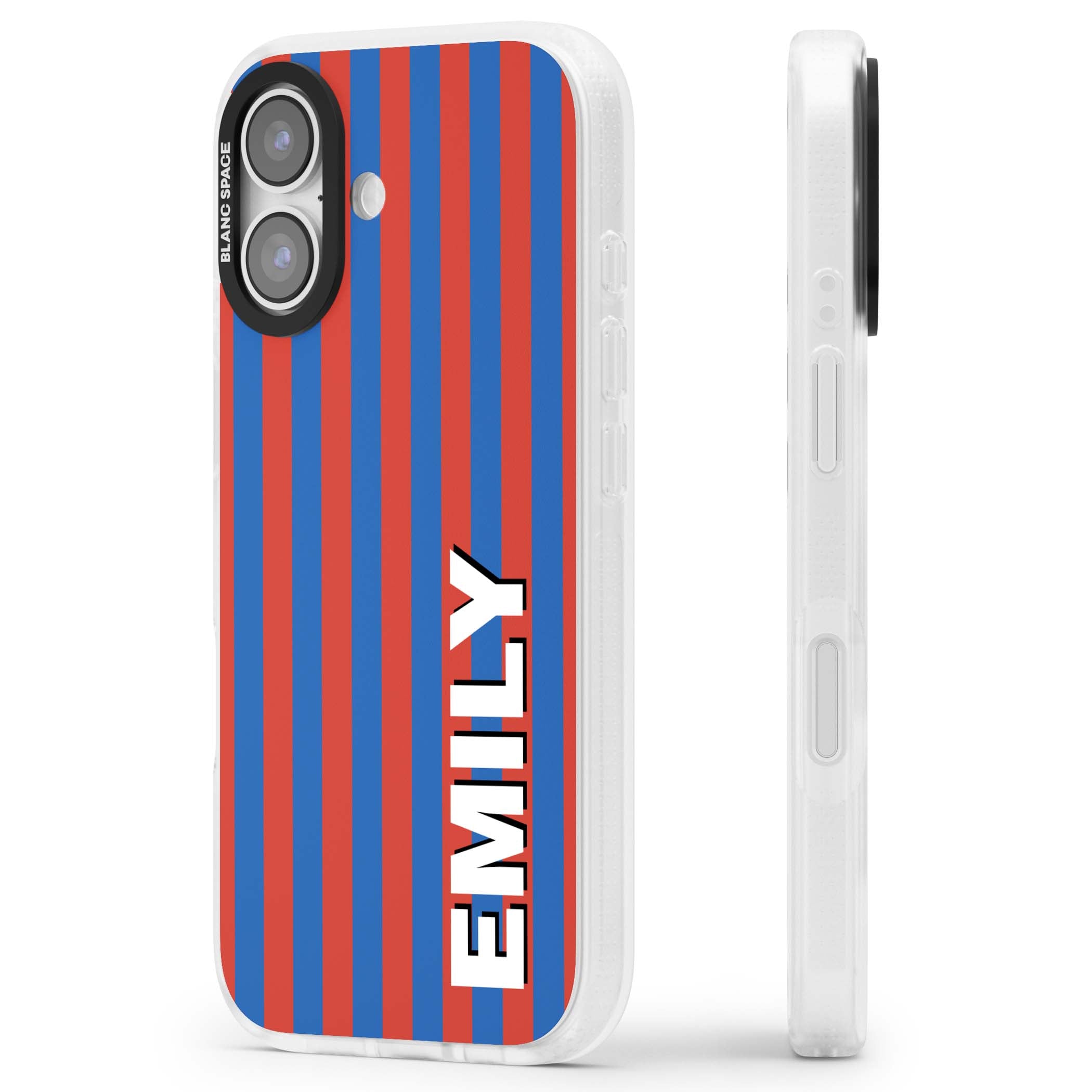 Cuban Stripe personalised iPhone case featuring red and blue vertical stripes with custom name in bold white letters | Clear Case Impact Air case for iPhone 17