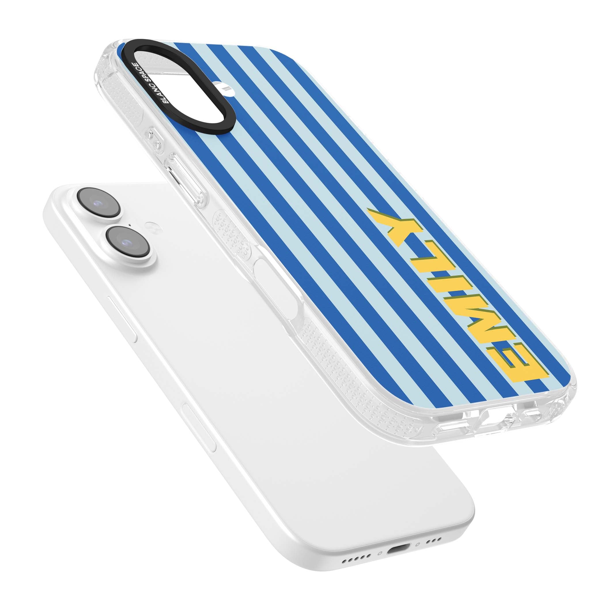 Athenian Stripe personalised preppy iPhone case featuring blue vertical stripes and a custom yellow name | Clear Case Impact Air case for iPhone 17