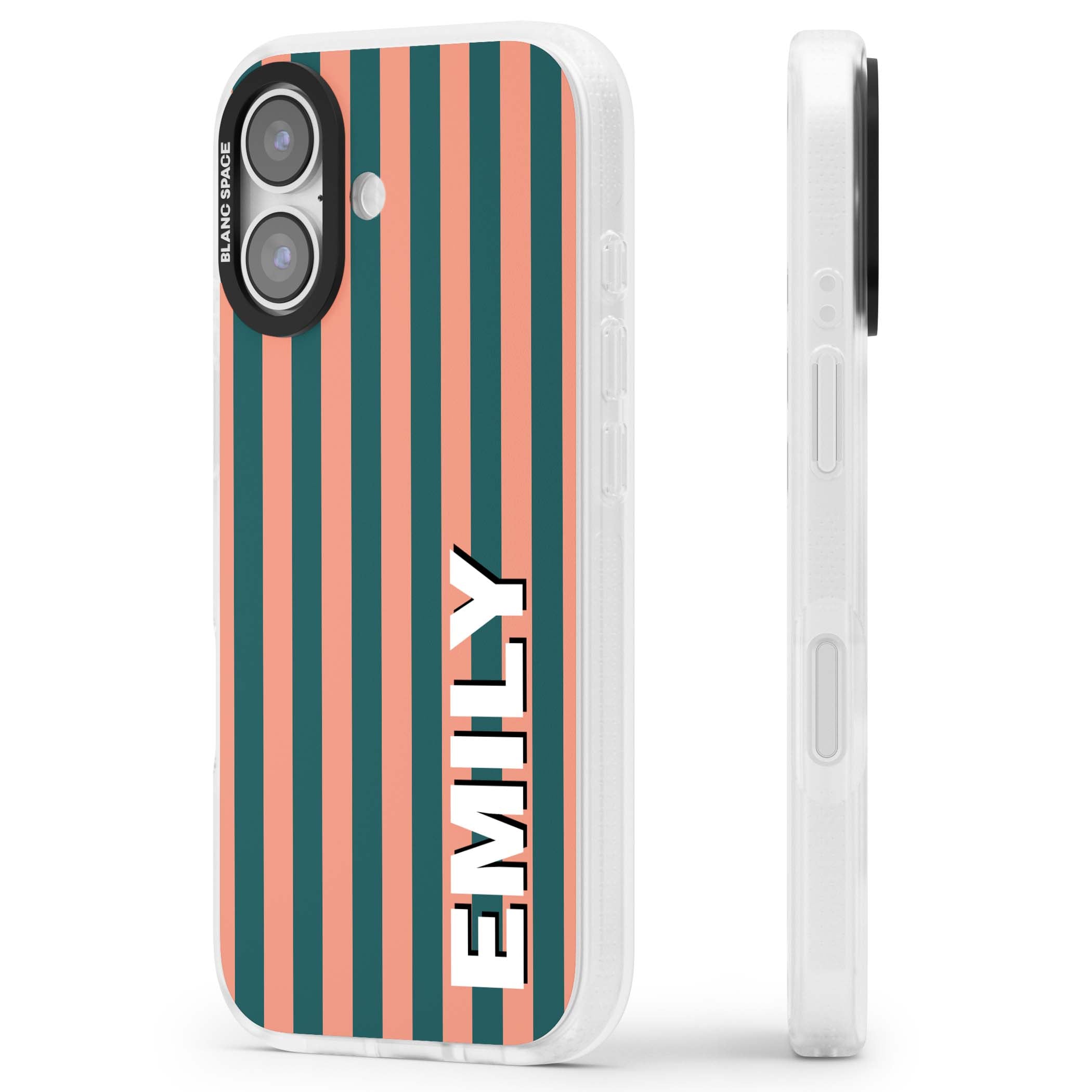 Tuscan Stripe personalised iPhone case featuring coral and green vertical stripes with bold custom name | Clear Case Impact Air case for iPhone 17