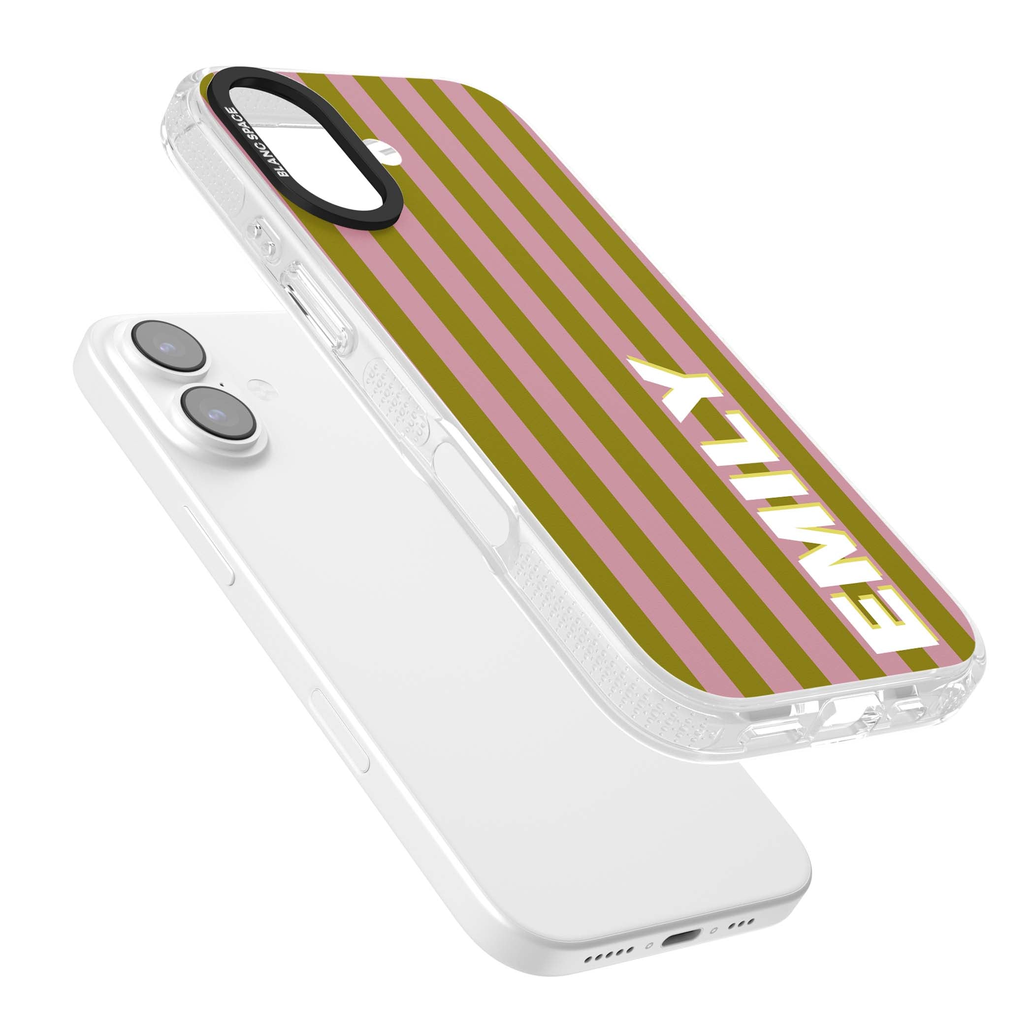 Istanbul Stripe personalised iPhone case featuring pink and olive green vertical stripes with a custom vertical name | Clear Case Impact Air case for iPhone 17