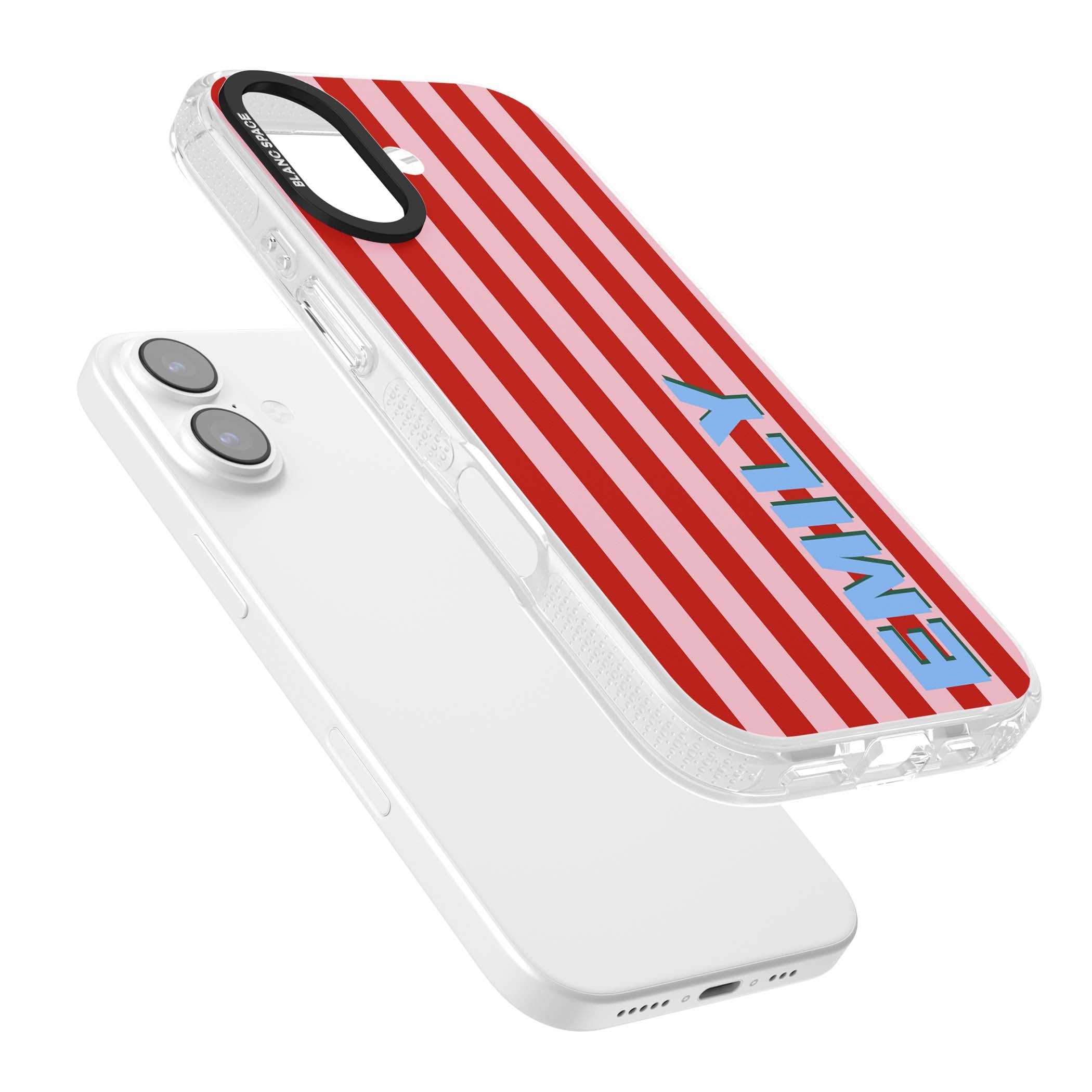 Market Stripe personalised iPhone case with red and pink vertical stripes and custom blue name | Clear Case Impact Air case for iPhone 17