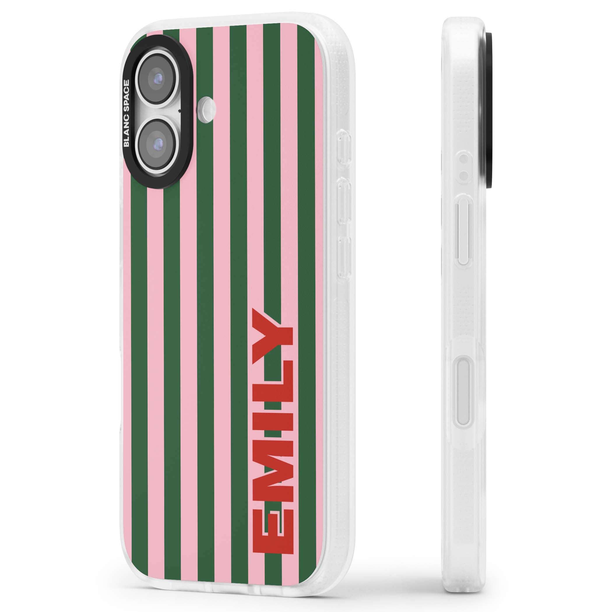 Italian Stripe preppy iPhone case featuring pink and green vertical stripes with personalised red name | Clear Case Impact Air case for iPhone 17