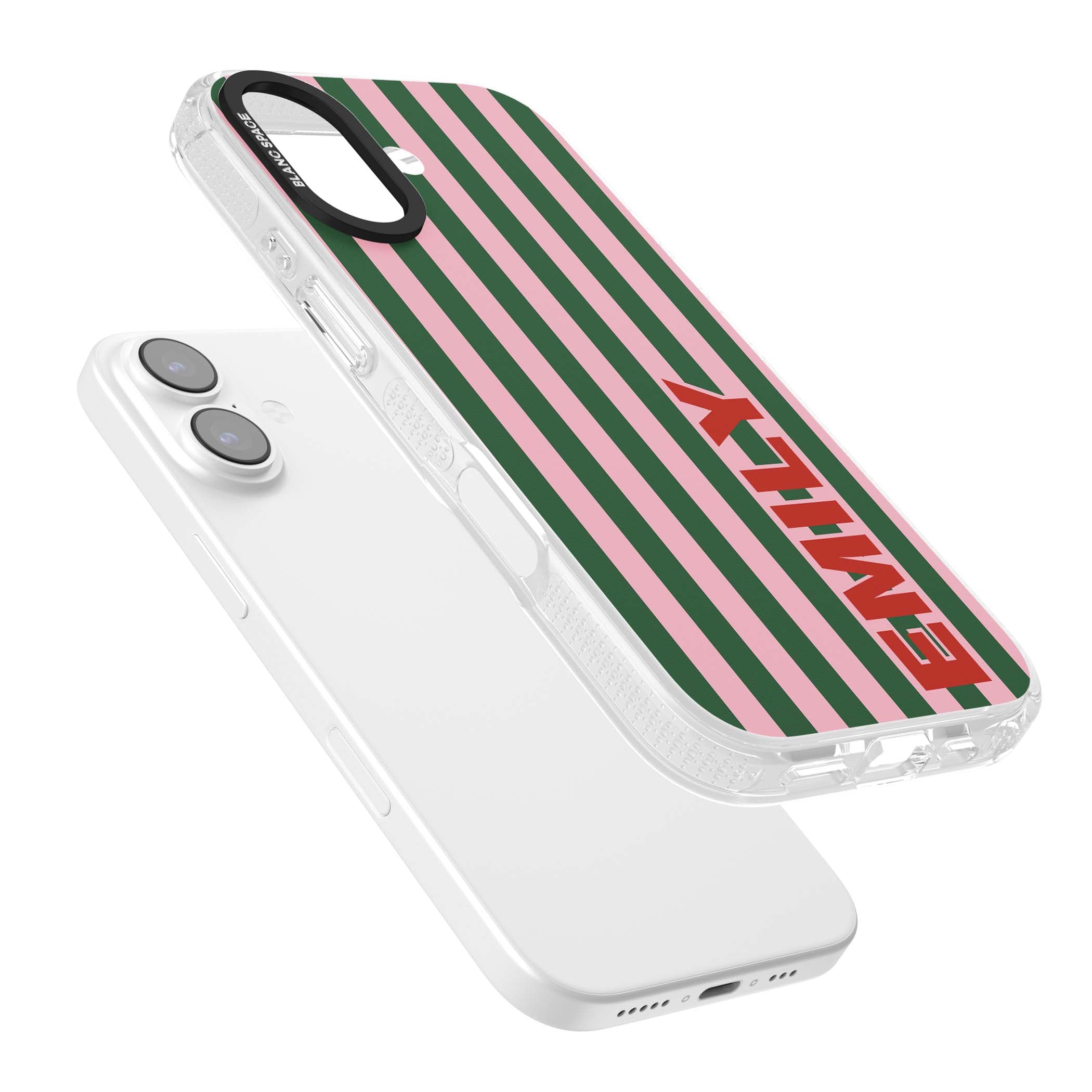 Italian Stripe preppy iPhone case featuring pink and green vertical stripes with personalised red name | Clear Case Impact Air case for iPhone 17