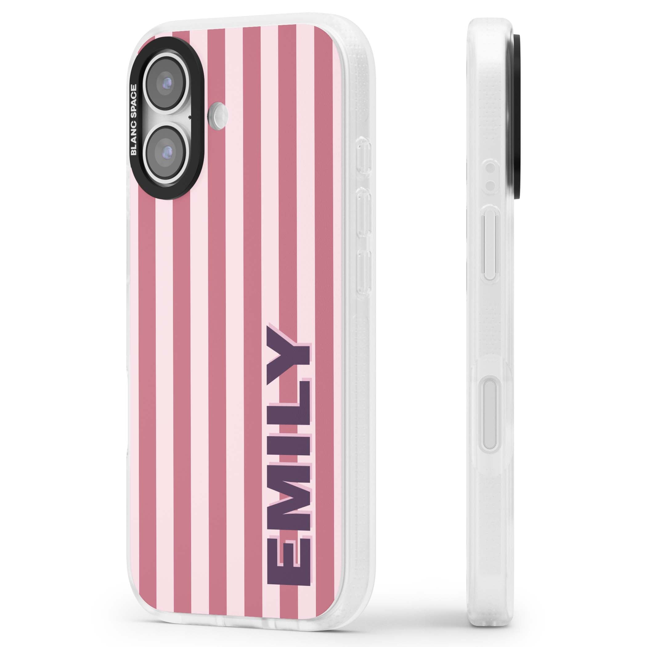 Victoria Stripe personalised iPhone case featuring pink vertical stripes and custom name in bold plum lettering | Clear Case Impact Air case for iPhone 17