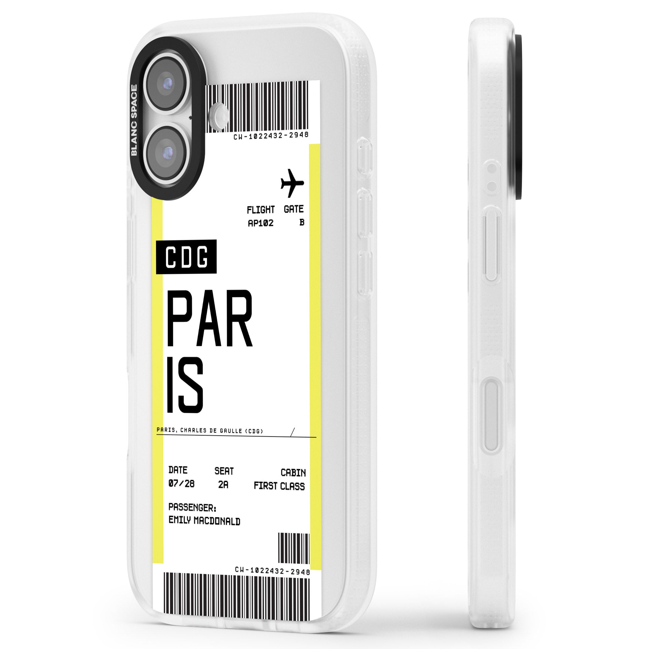 Personalised Paris Boarding Pass iPhone 17 Impact Air Clear Phone Case Side Profile