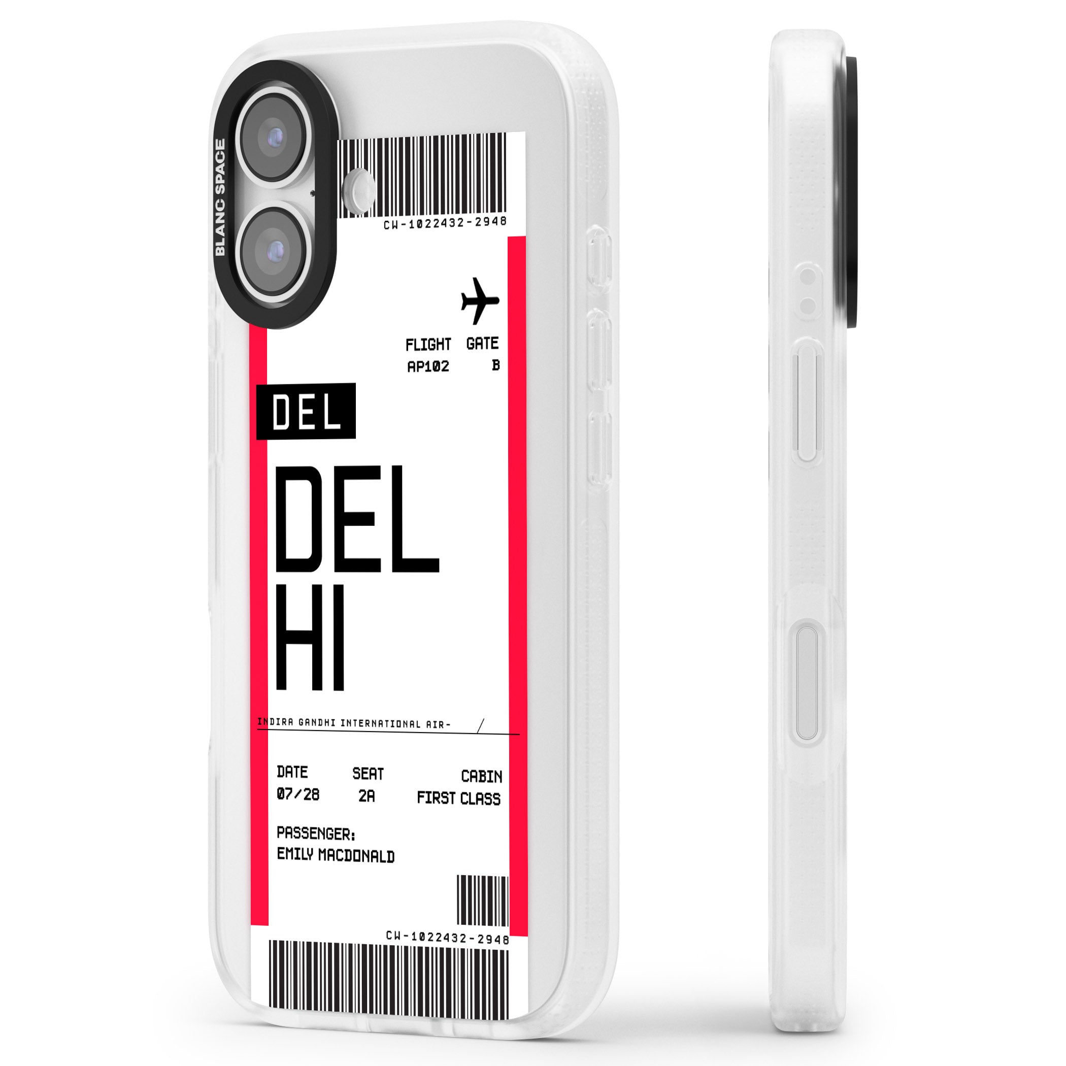 Personalised Delhi Boarding Pass iPhone 17 Impact Air Clear Phone Case Side Profile