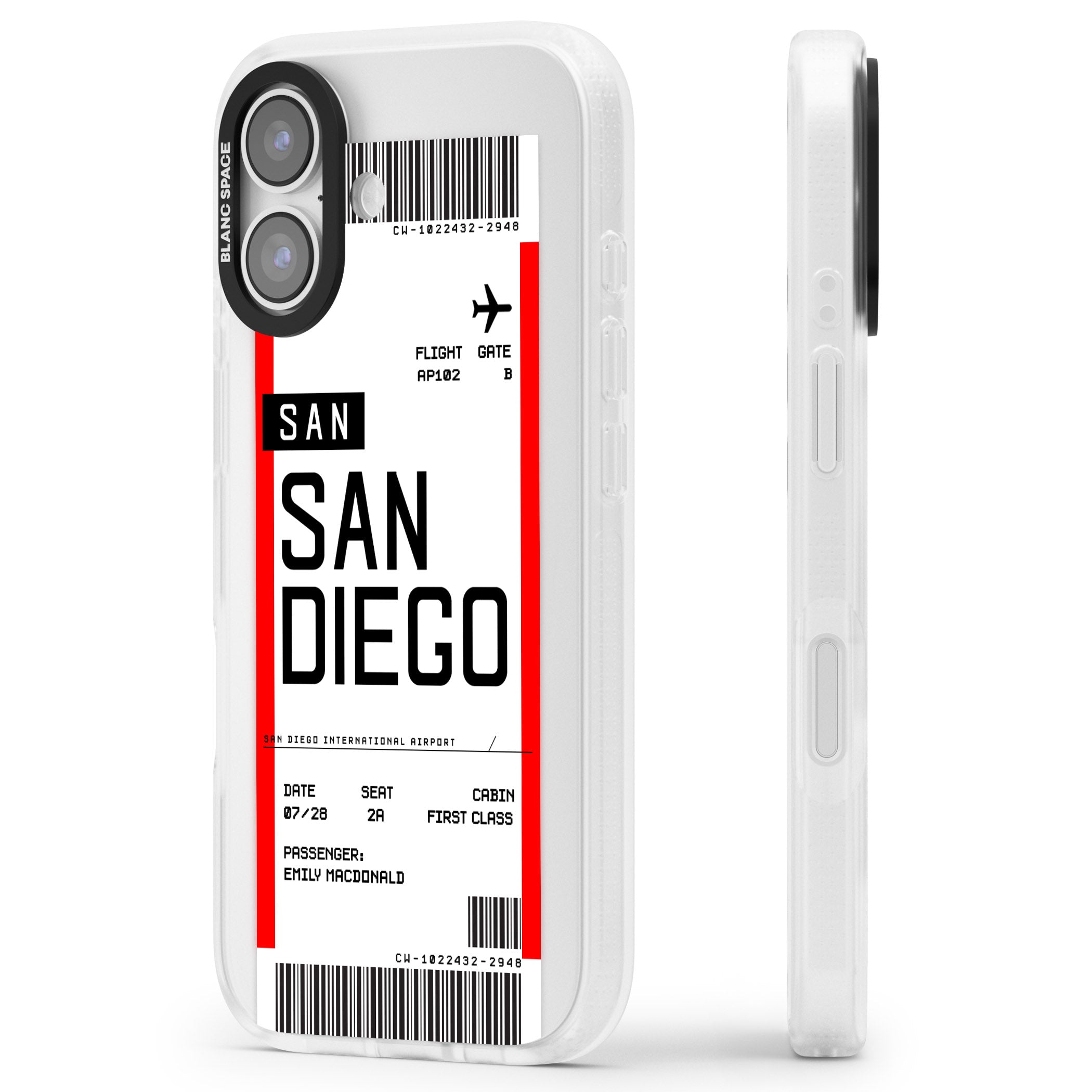 Personalised San Diego Boarding Pass iPhone 17 Impact Air Clear Phone Case Side Profile
