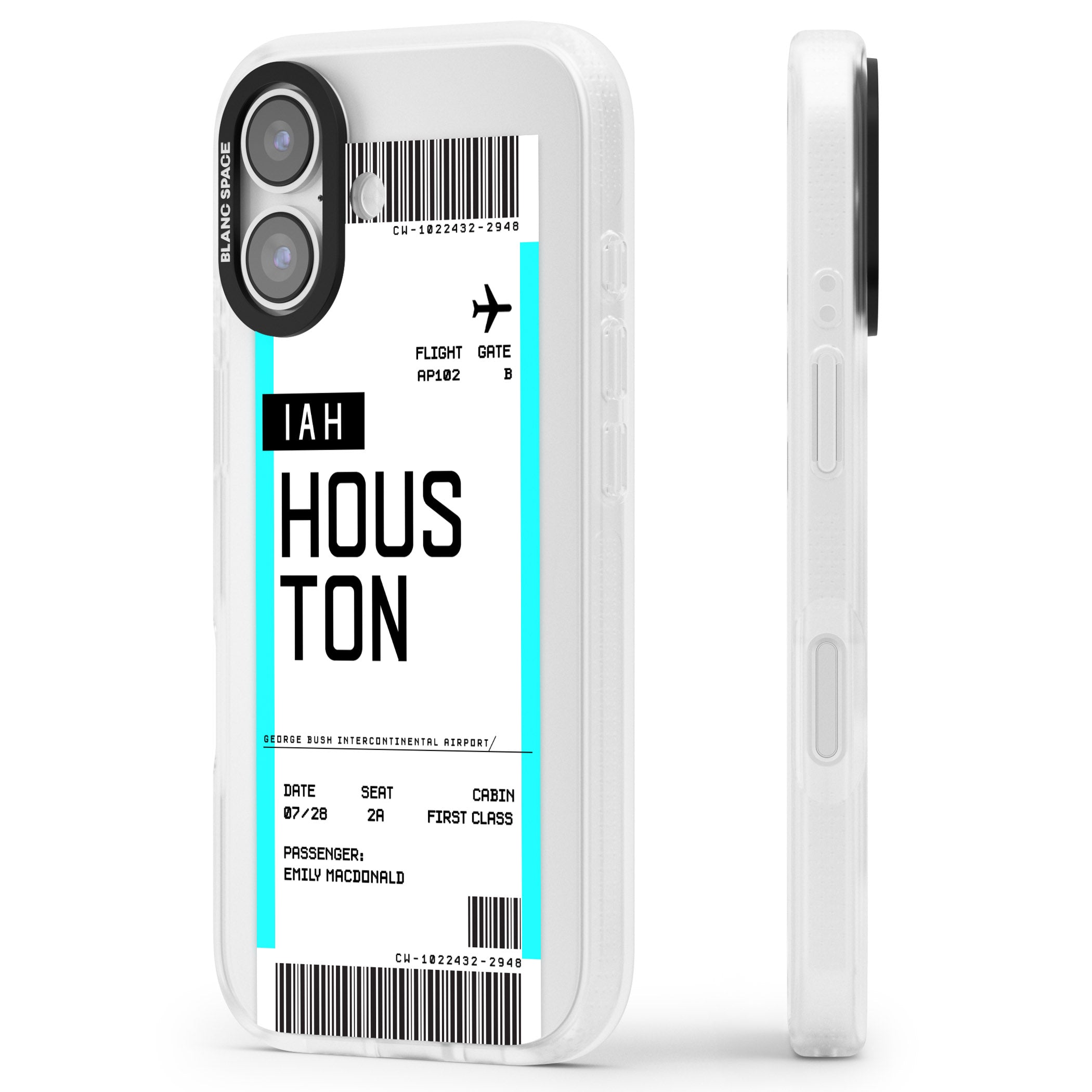 Personalised Houston Boarding Pass iPhone 17 Impact Air Clear Phone Case Side Profile