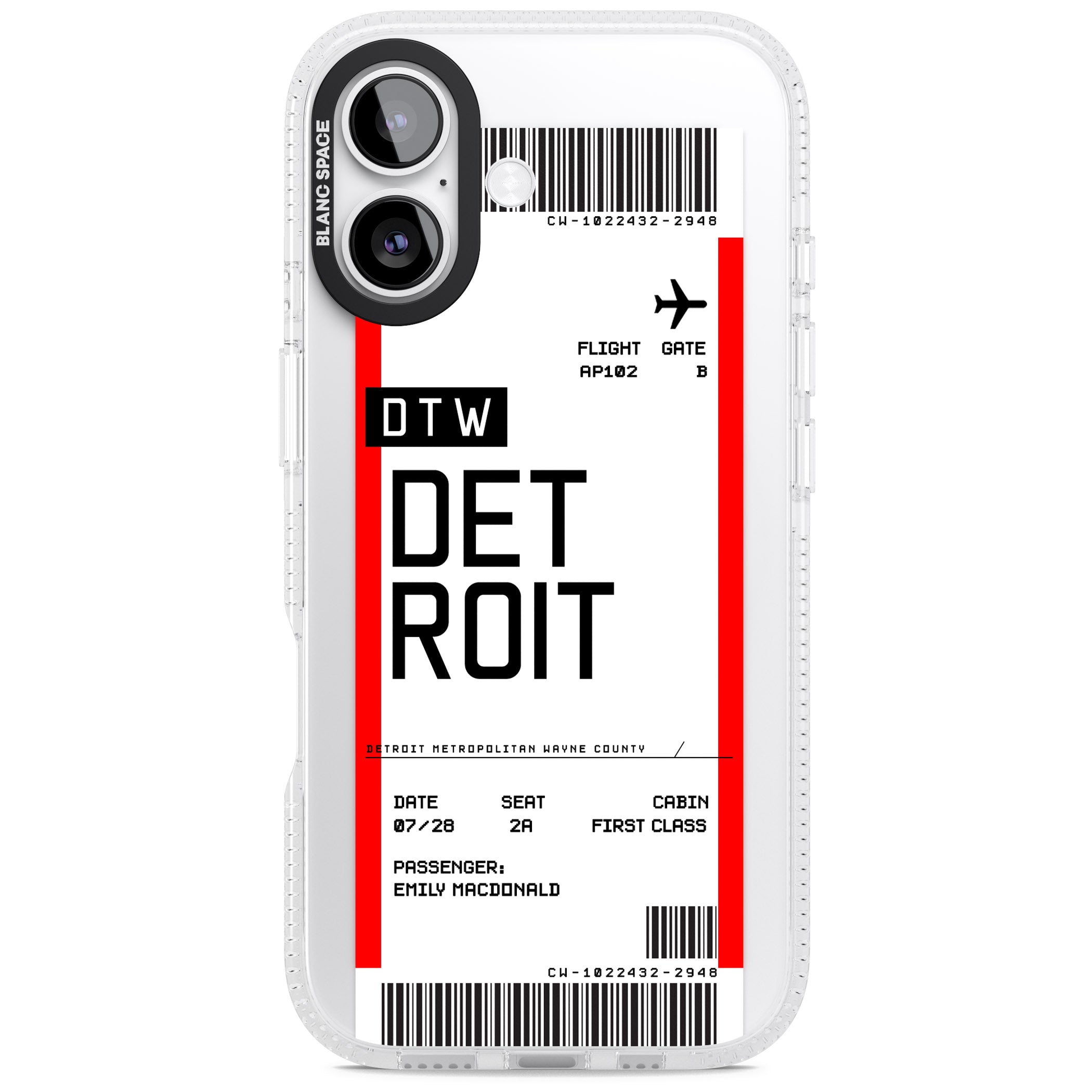 Personalised Detroit Boarding Pass iPhone 17 Impact Air Clear Phone Case