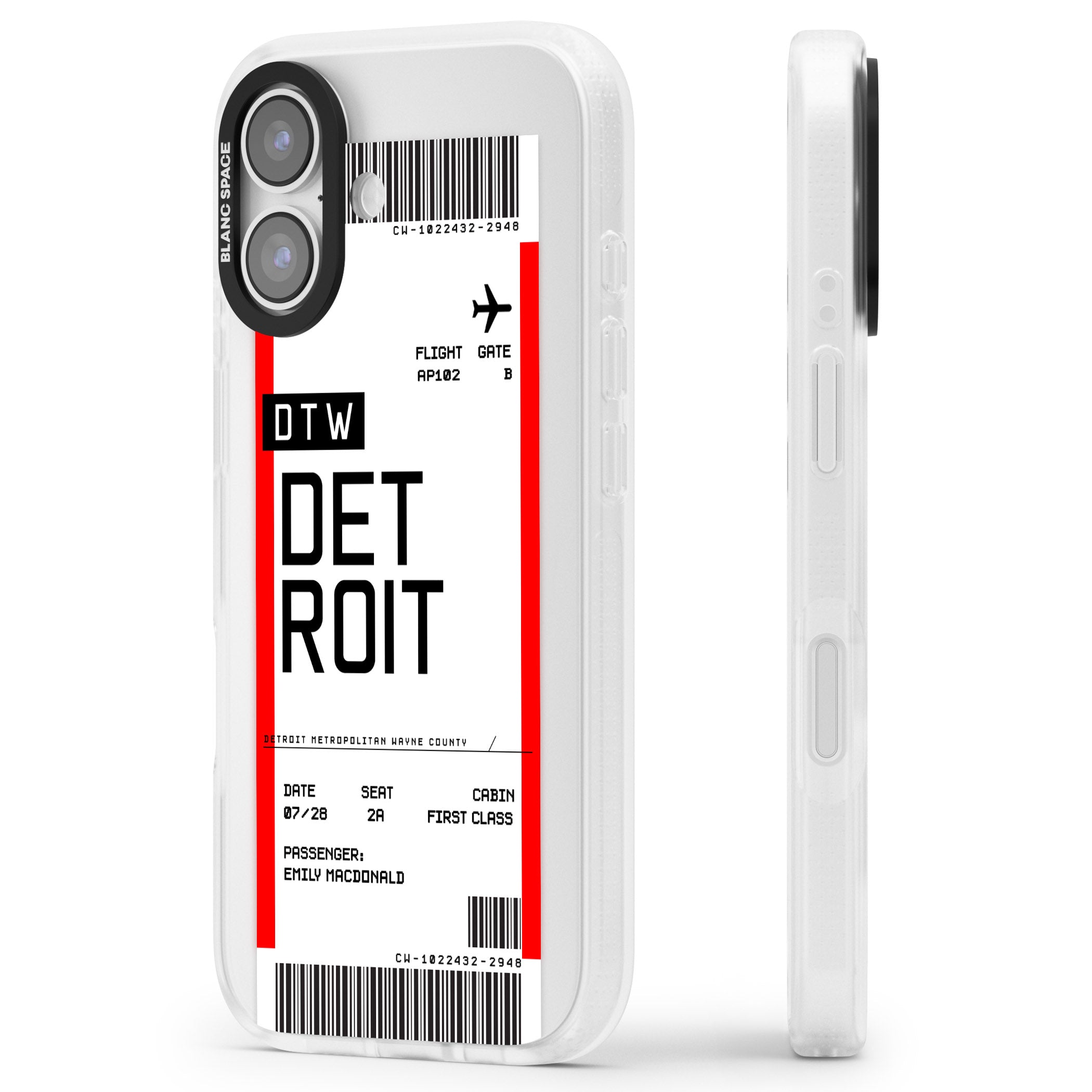 Personalised Detroit Boarding Pass iPhone 17 Impact Air Clear Phone Case Side Profile