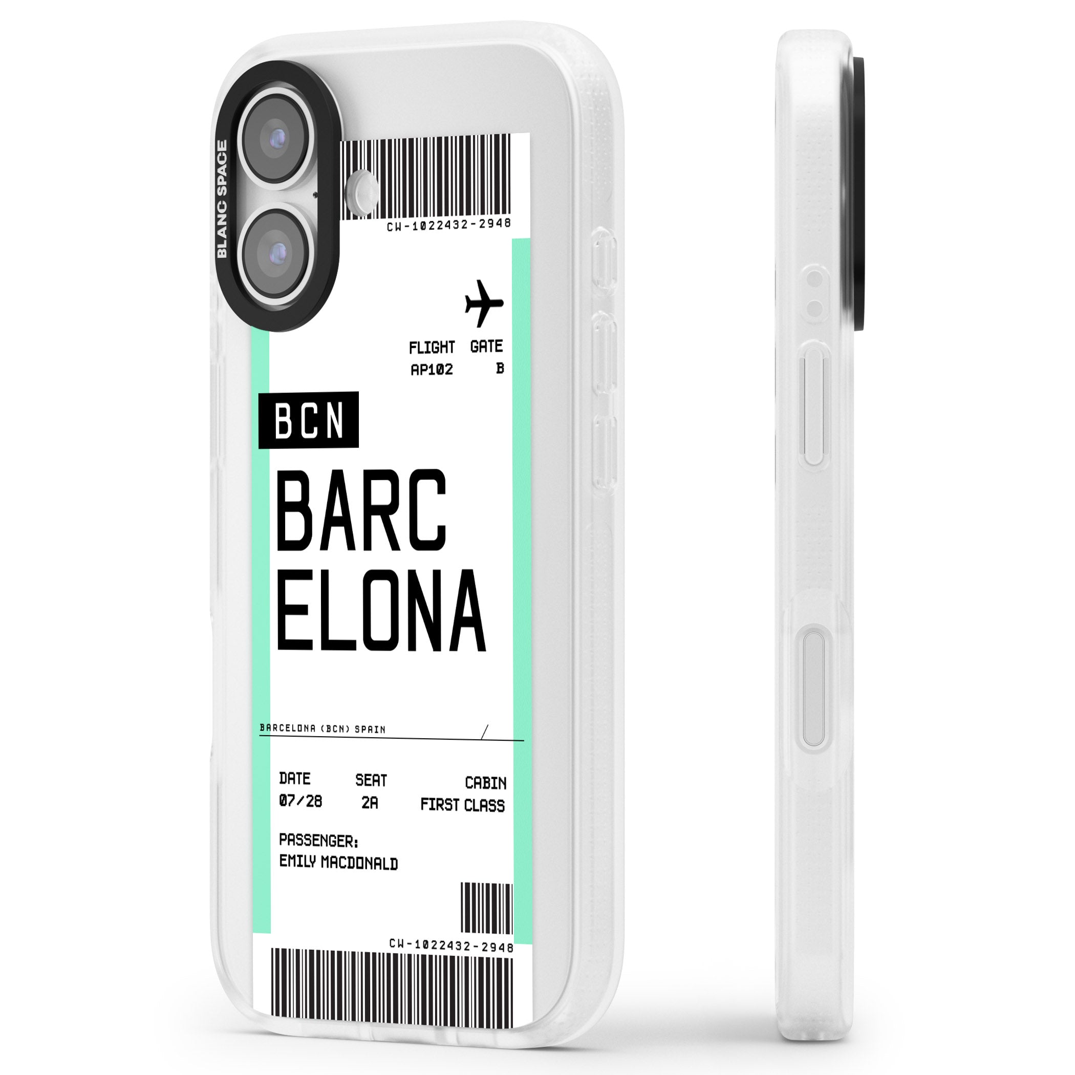 Personalised Barcelona Boarding Pass iPhone 17 Impact Air Clear Phone Case Side Profile