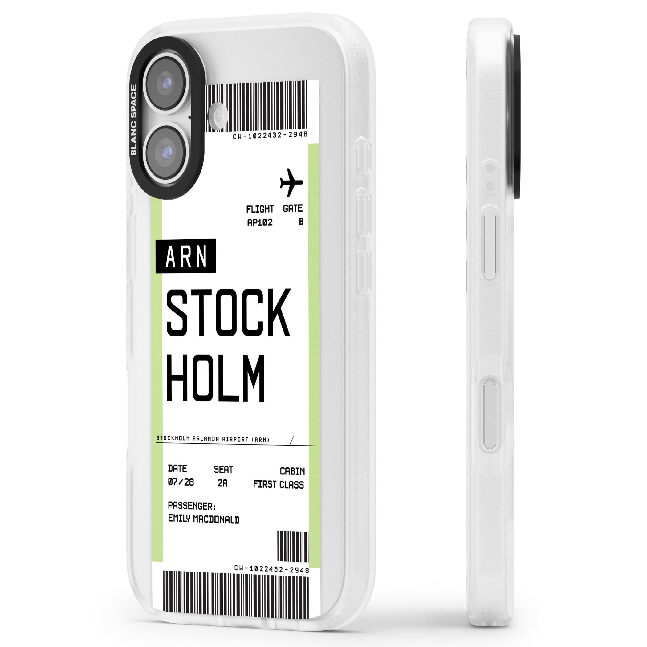 Personalised Stockholm Boarding Pass iPhone 17 Impact Air Clear Phone Case Side Profile