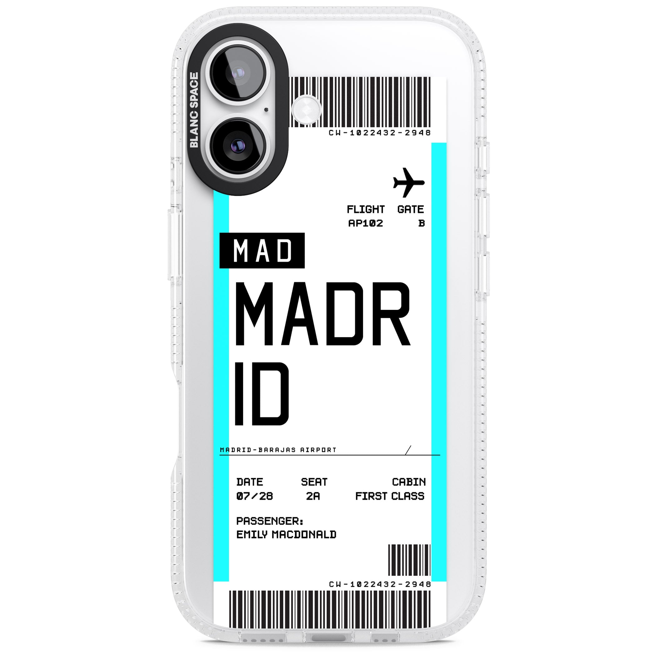 Personalised Madrid Boarding Pass iPhone 17 Impact Air Clear Phone Case