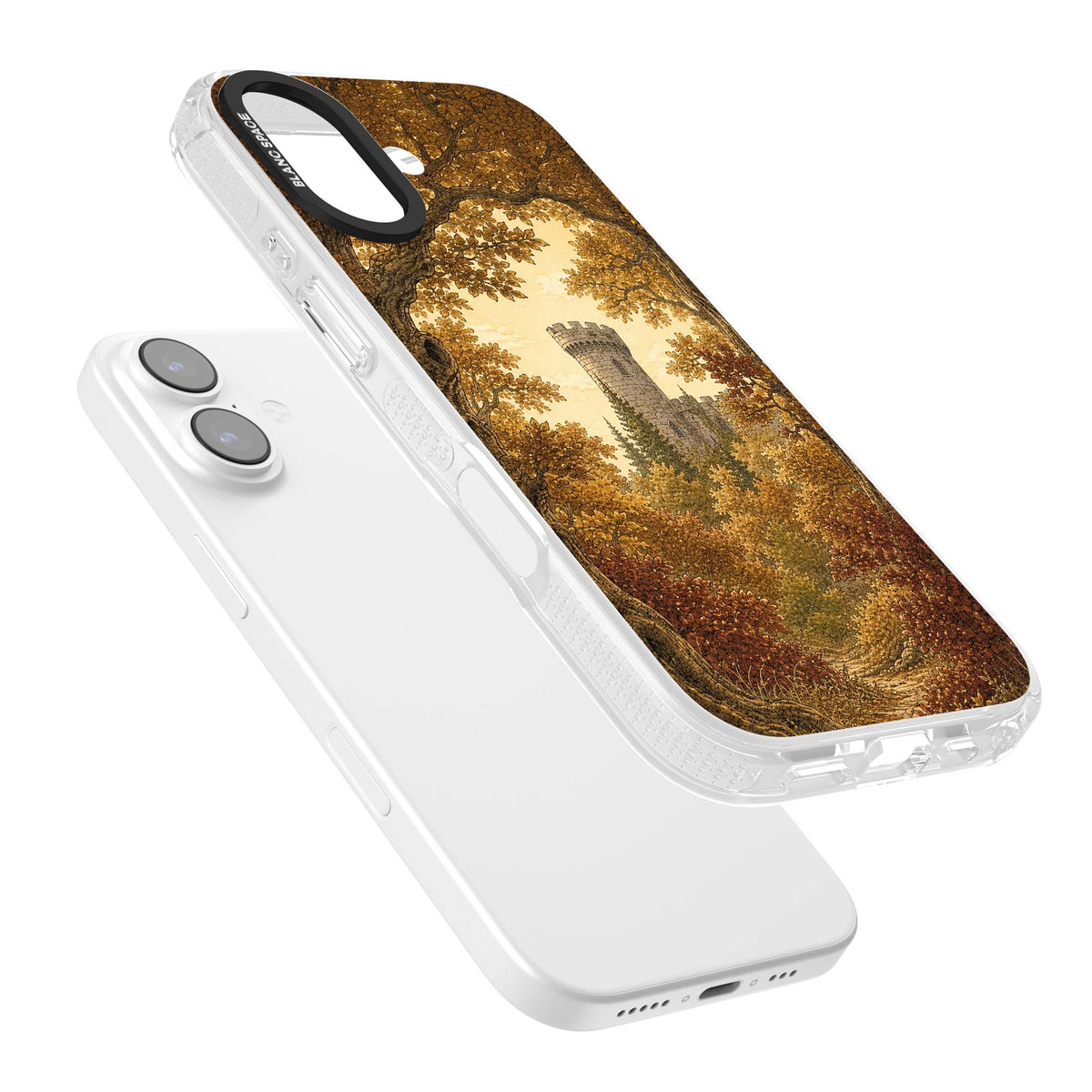 Autumn Keep cottagecore iPhone case featuring a medieval castle tower framed by golden autumn trees and woodland foliage | Clear Case Impact Air case for iPhone 17