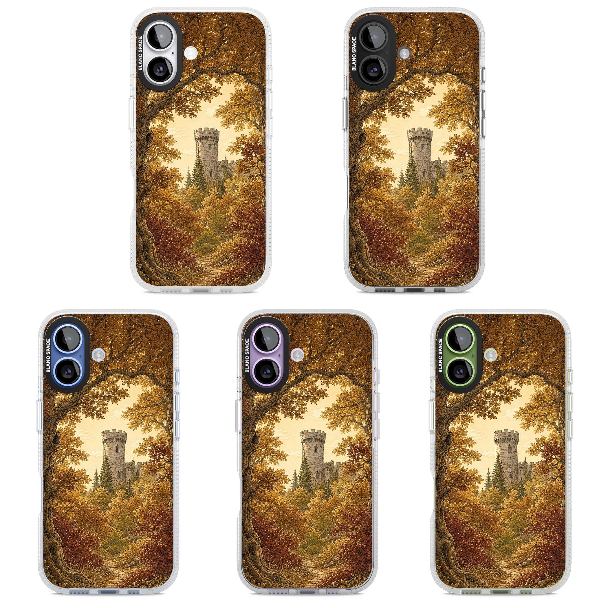 Autumn Keep cottagecore iPhone case featuring a medieval castle tower framed by golden autumn trees and woodland foliage | Clear Case Impact Air case for iPhone 17