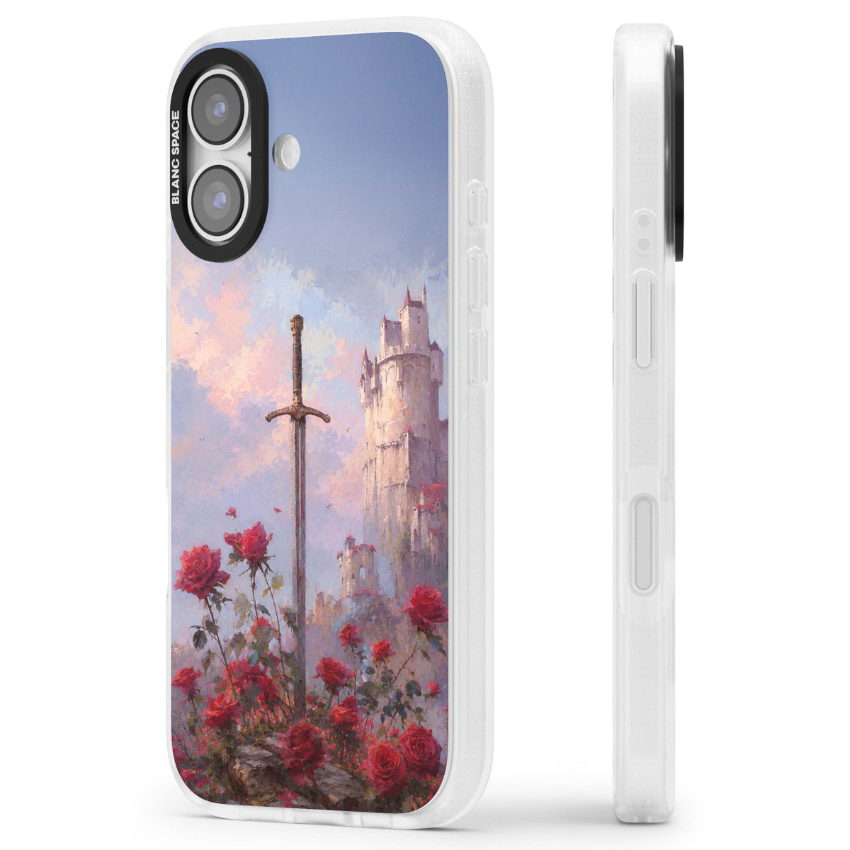 Sword in Roses medieval art iPhone case featuring a sword, red roses, and a misty fairytale castle at sunset | Clear Case Impact Air case for iPhone 17
