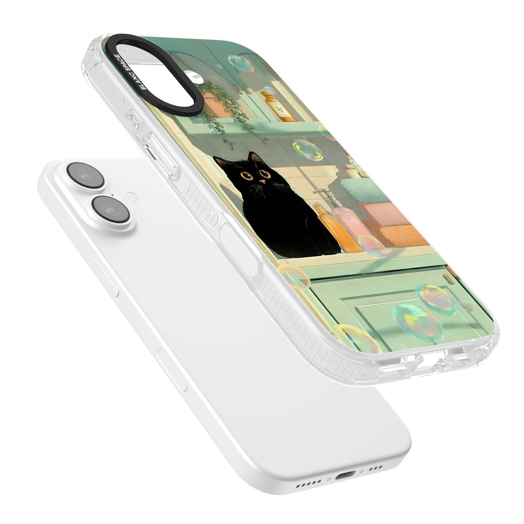 Bathroom Bubble Kitty cottagecore iPhone case featuring a black cat, mint bathroom scene and floating soap bubbles | Clear Case Impact Air case for iPhone 17