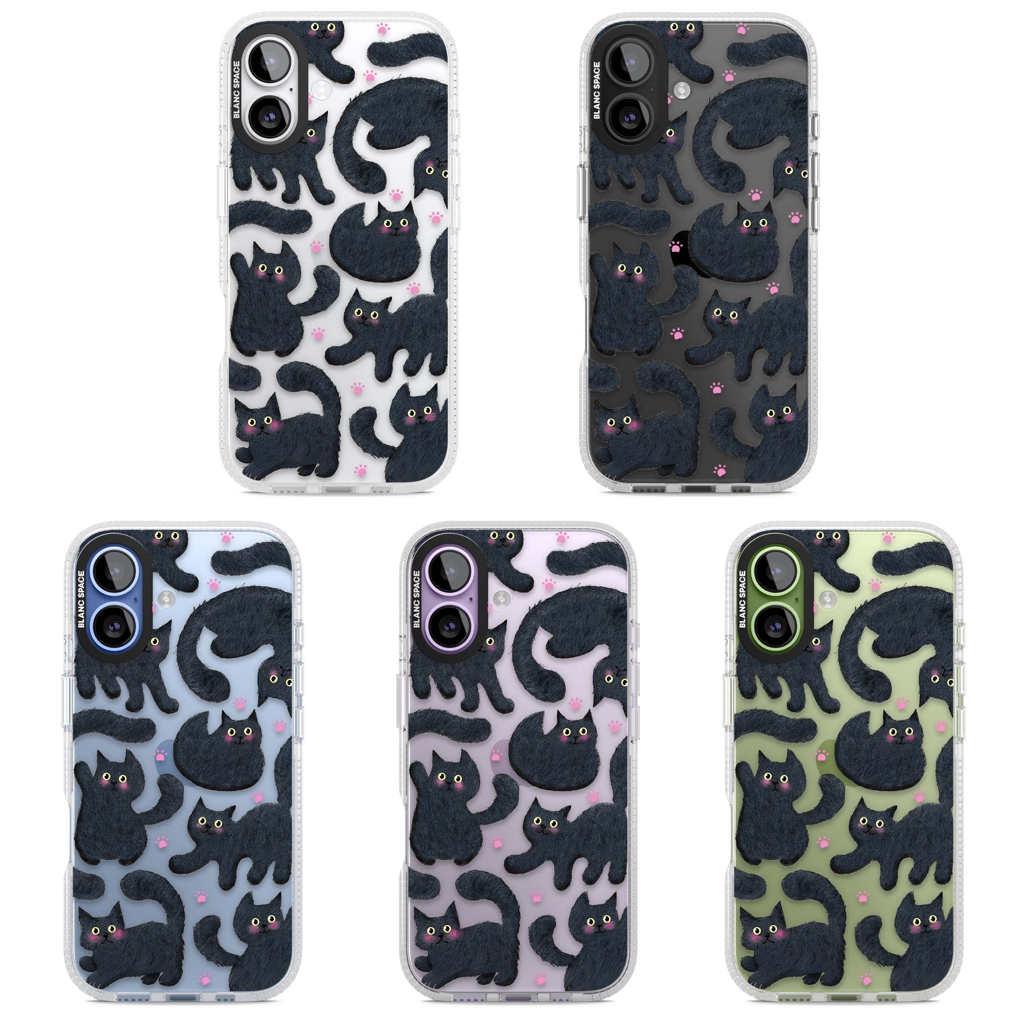 Midnight Cats cute iPhone case featuring black cat pattern with yellow eyes and pink paw prints | Clear Case Impact Air case for iPhone 17