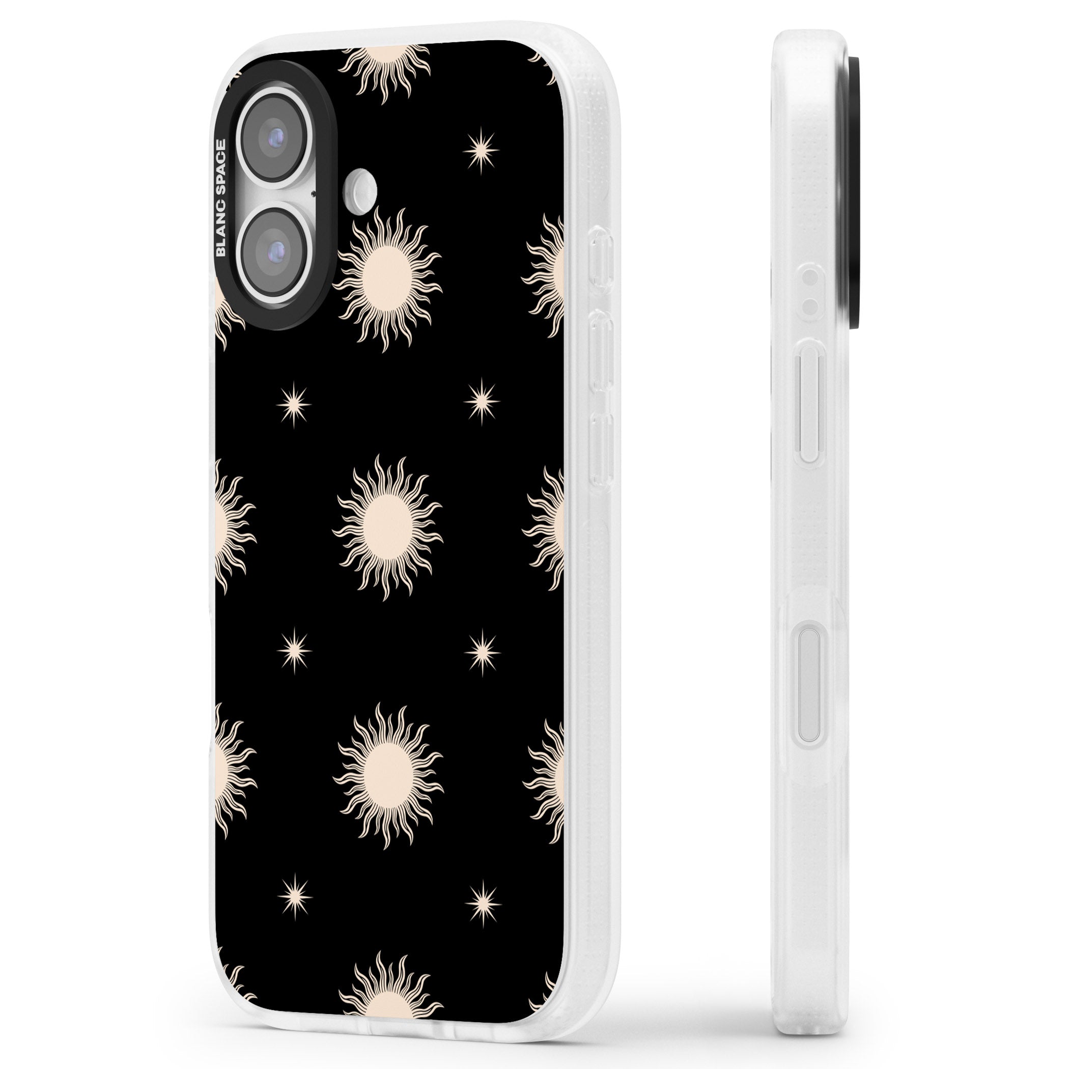 Celestial Patterns Classic Suns (Black) iPhone 17 Impact Air Clear Phone Case Side Profile