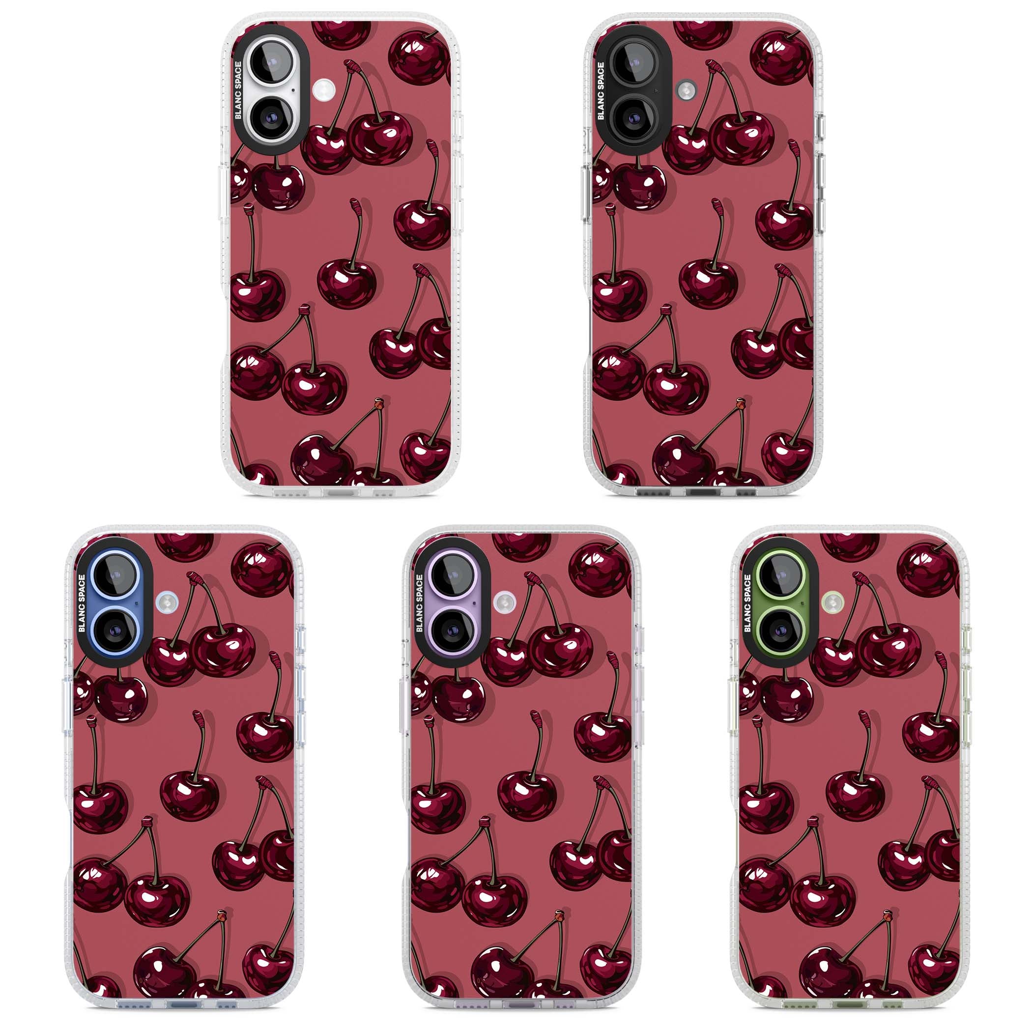 Cherry Rebel coquette iPhone case featuring glossy burgundy cherries on a dusty rose background | Clear Case Impact Air case for iPhone 17