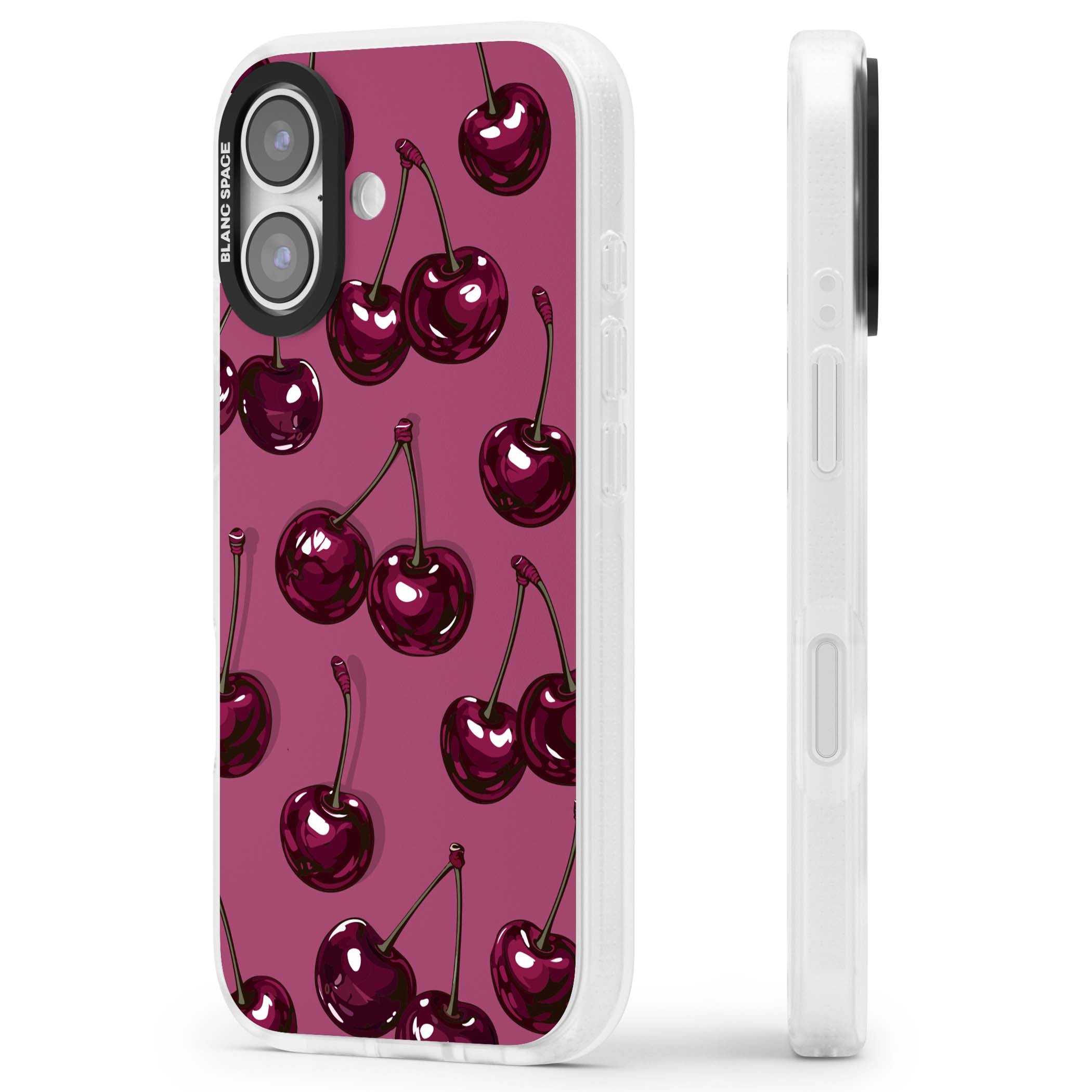 Cherry Soda coquette iPhone case featuring glossy burgundy cherries on a dusty pink background | Clear Case Impact Air case for iPhone 17