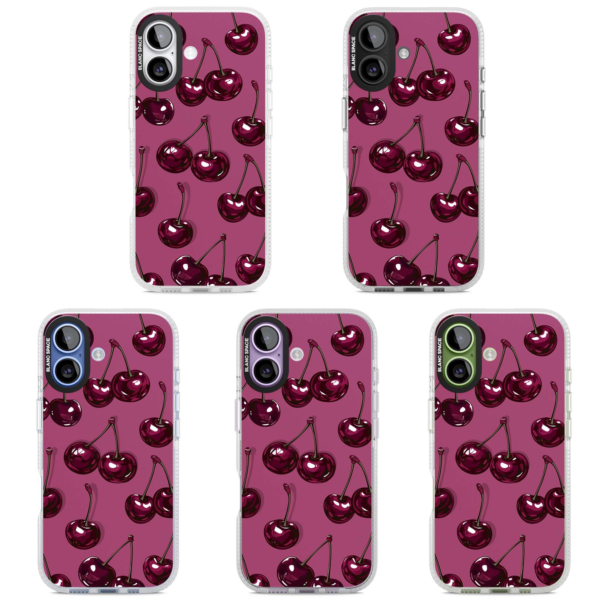 Cherry Soda coquette iPhone case featuring glossy burgundy cherries on a dusty pink background | Clear Case Impact Air case for iPhone 17