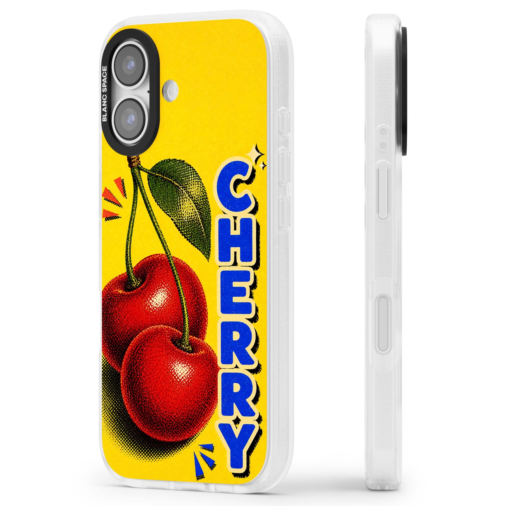 Cherry Yellow y2k iPhone case featuring two red cherries, halftone shading and bold blue CHERRY lettering on yellow | Clear Case Impact Air case for iPhone 17