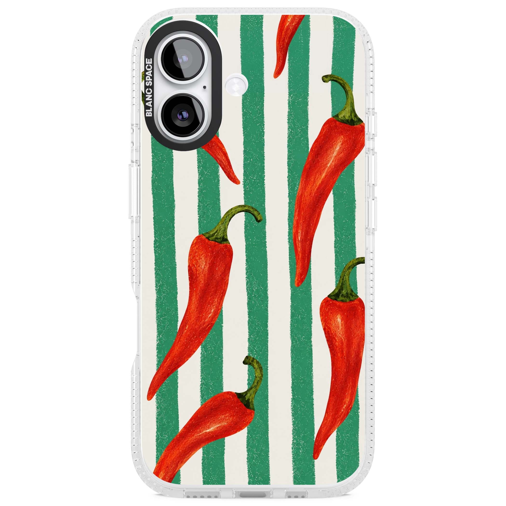 Striped Chillis coastal iPhone case featuring hand-painted red chili peppers on green and cream stripes | Clear Case Impact Air case for iPhone 17