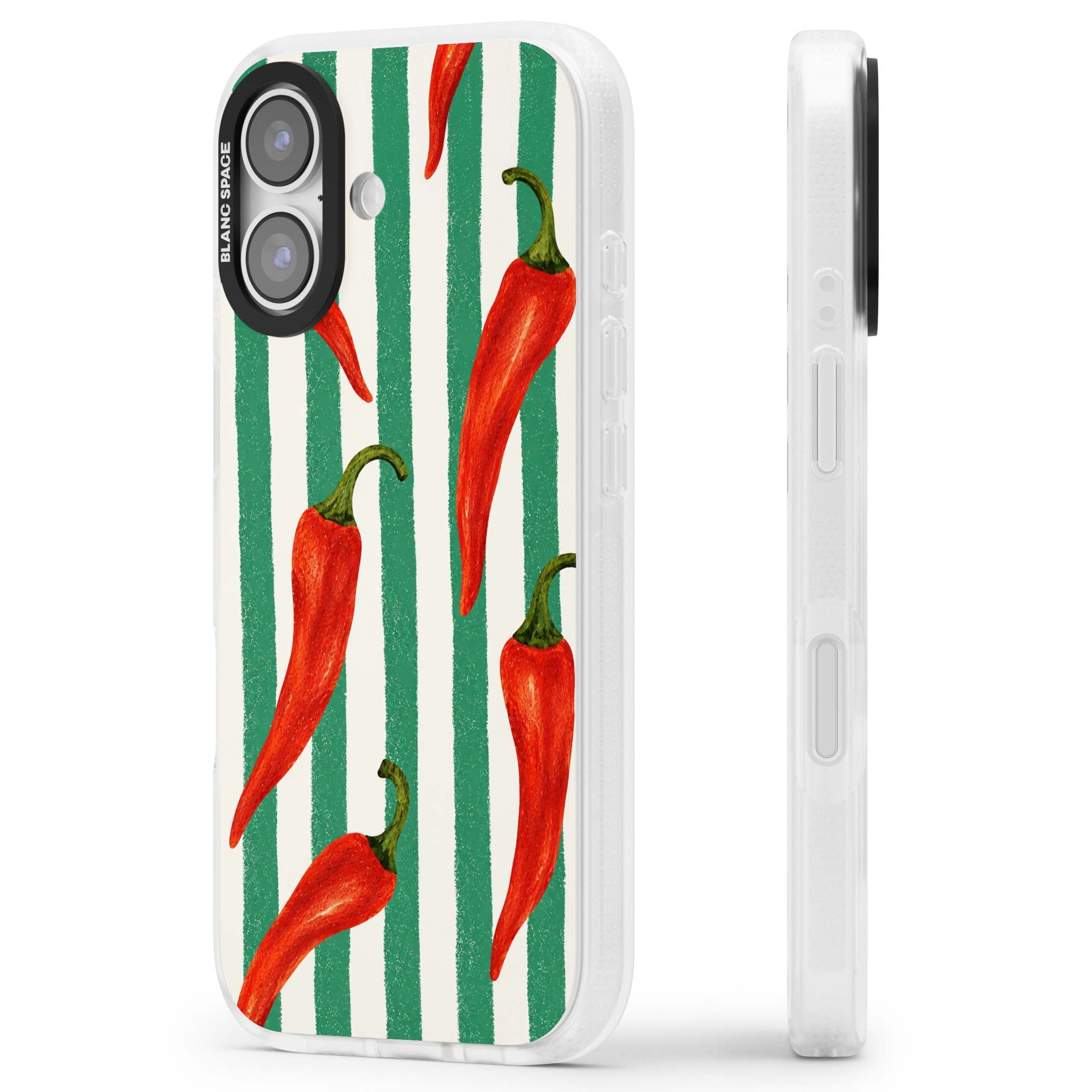 Striped Chillis coastal iPhone case featuring hand-painted red chili peppers on green and cream stripes | Clear Case Impact Air case for iPhone 17