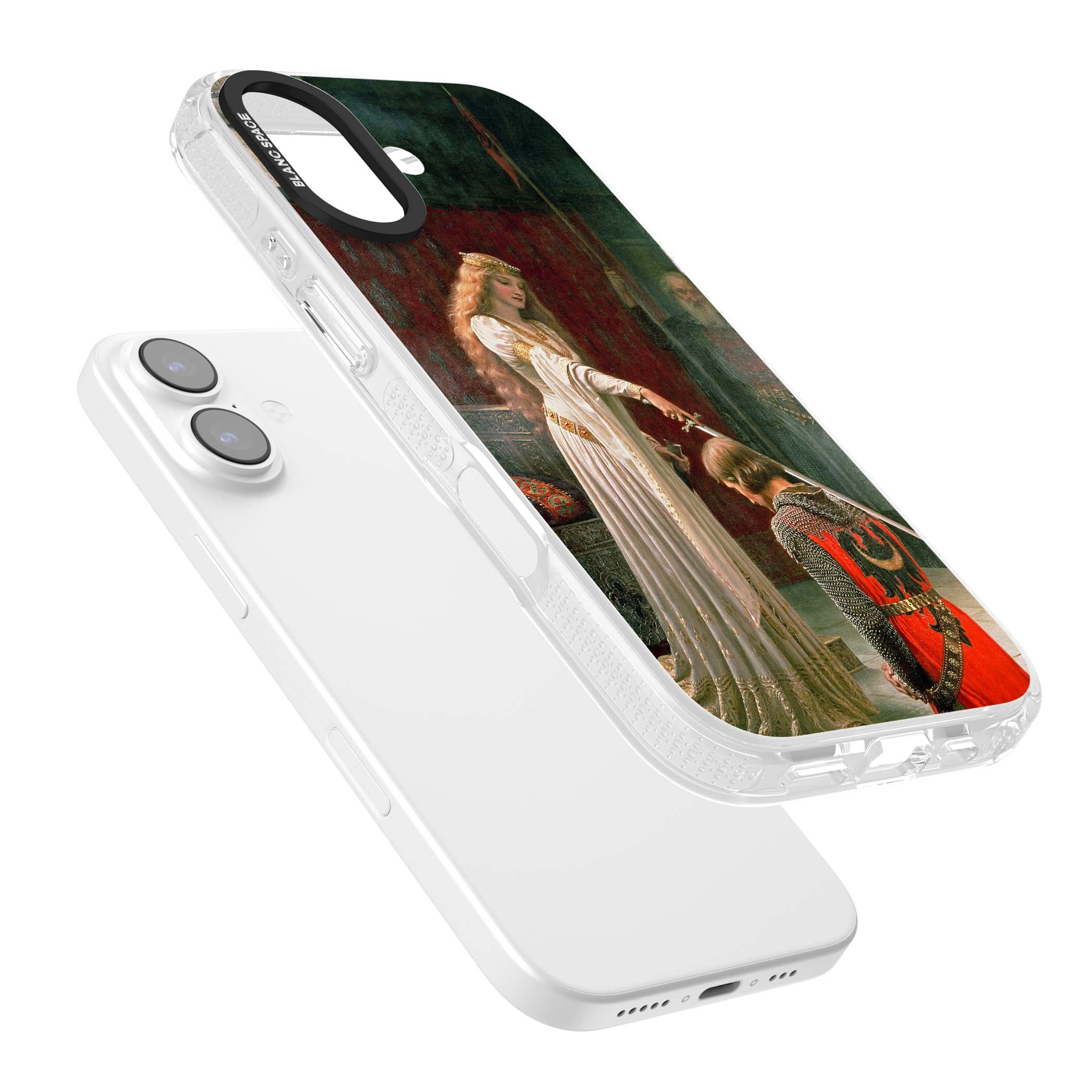 The Accolade renaissance art iPhone case featuring Edmund Blair Leighton's painting of a queen knighting a kneeling knight | Clear Case Impact Air case for iPhone 17