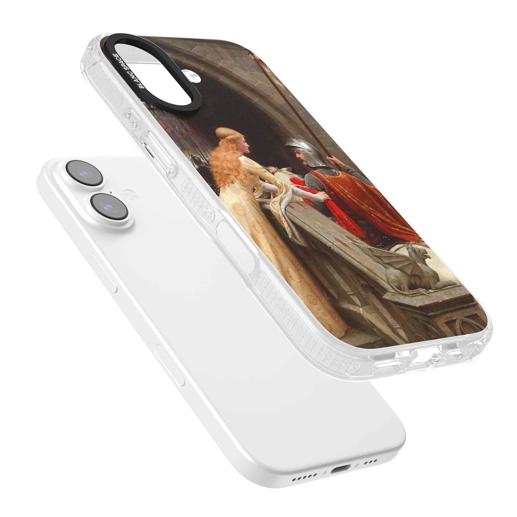 God Speed fine art iPhone case featuring Edmund Blair Leighton's medieval knight and lady beneath a stone archway | Clear Case Impact Air case for iPhone 17