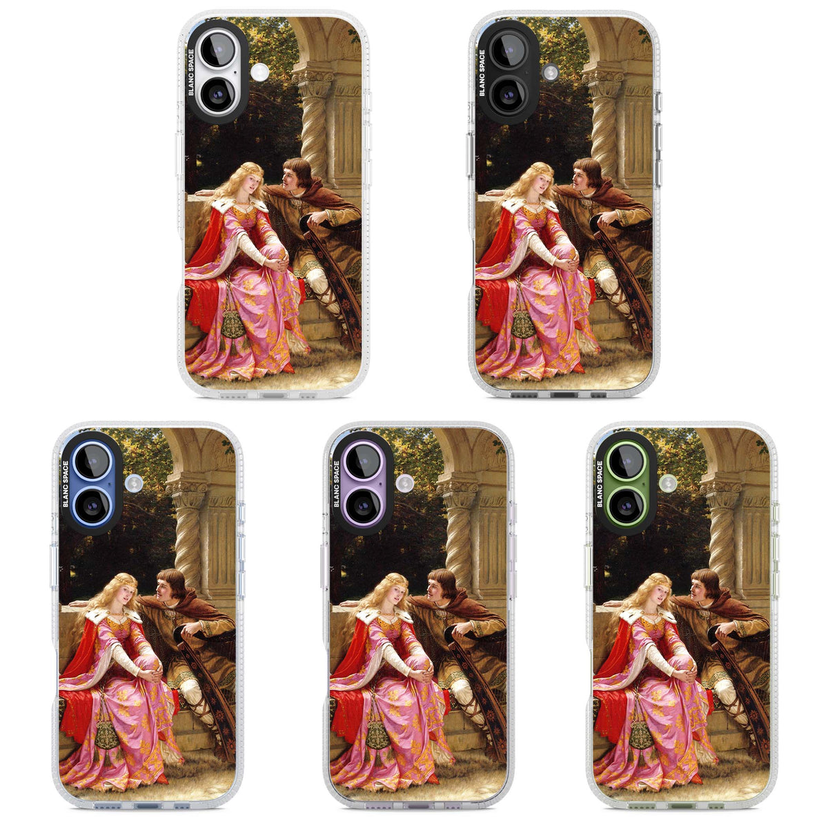 The End of the Song classic art iPhone case featuring a medieval lady in pink gown and her knight in a stone archway | Clear Case Impact Air case for iPhone 17
