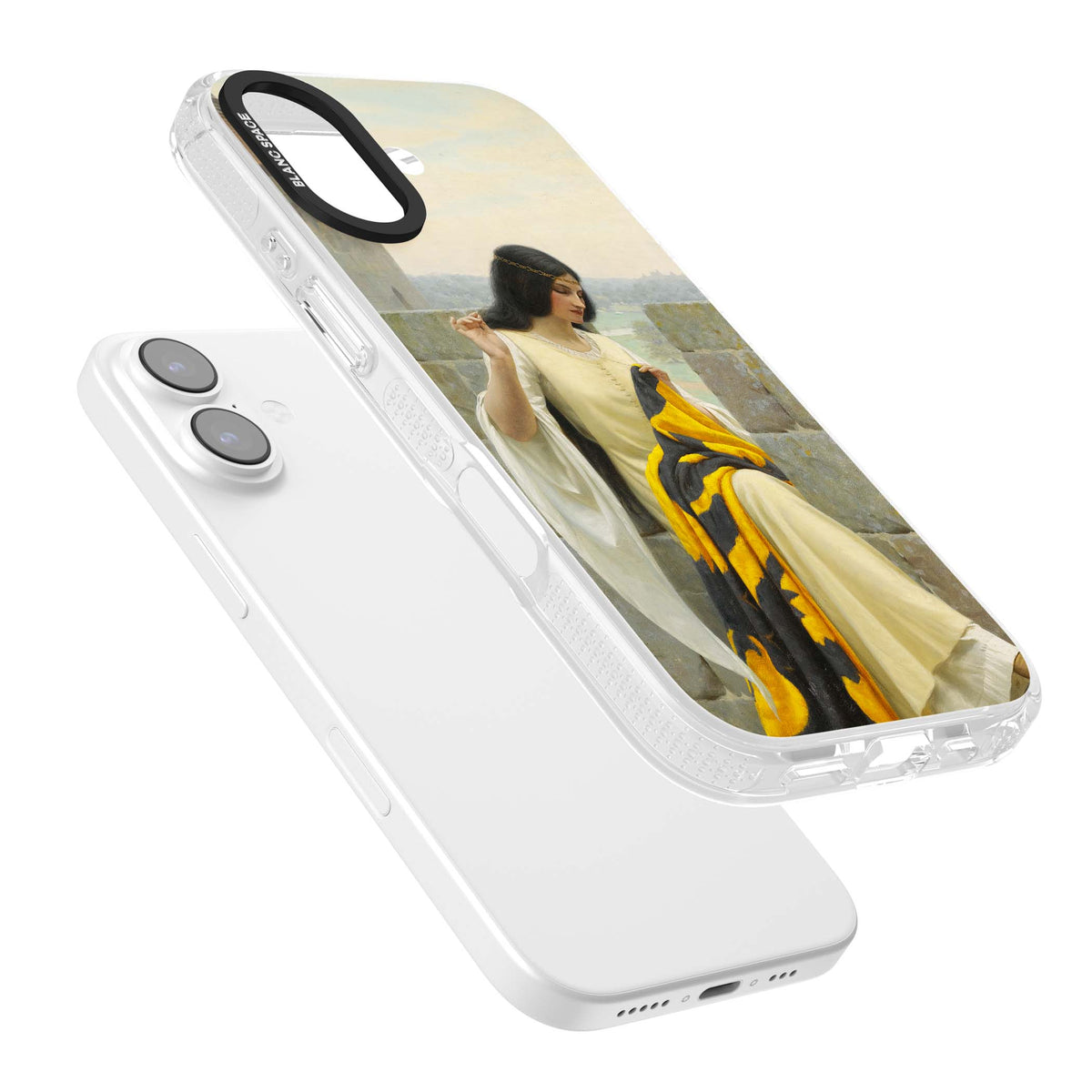 Stitching the Standard renaissance art iPhone case featuring a medieval lady sewing a golden banner on a castle wall | Clear Case Impact Air case for iPhone 17