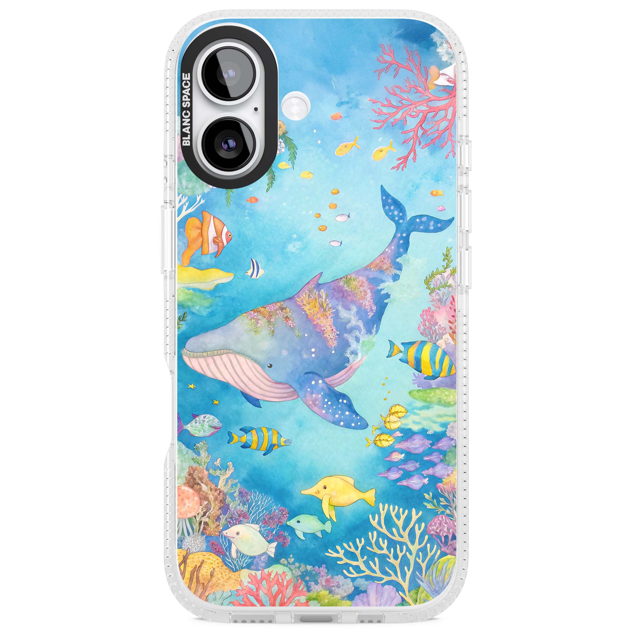 Coral Lagoon ocean iPhone case featuring a watercolour whale, coral reef and tropical fish | Clear Case Impact Air case for iPhone 17
