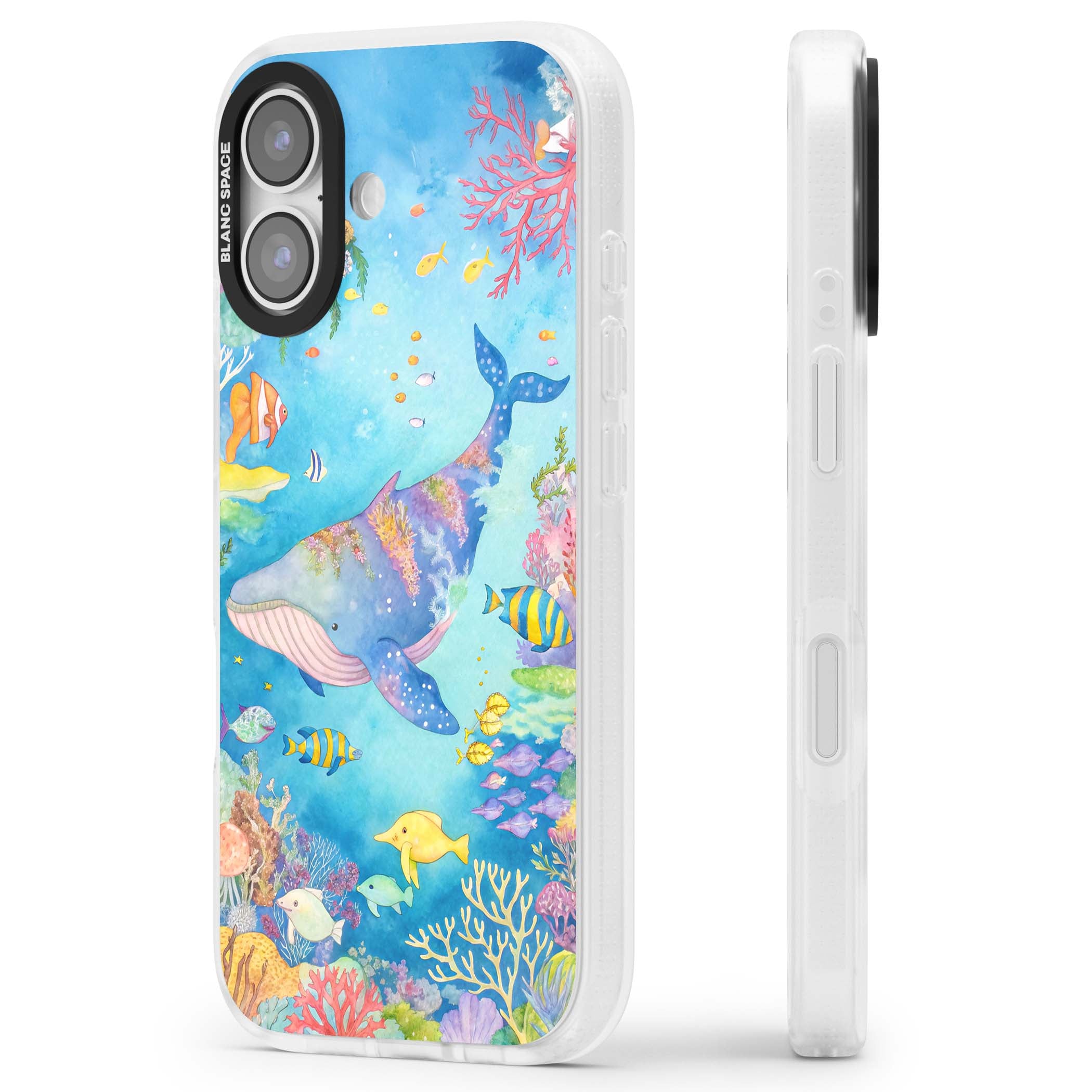 Coral Lagoon ocean iPhone case featuring a watercolour whale, coral reef and tropical fish | Clear Case Impact Air case for iPhone 17