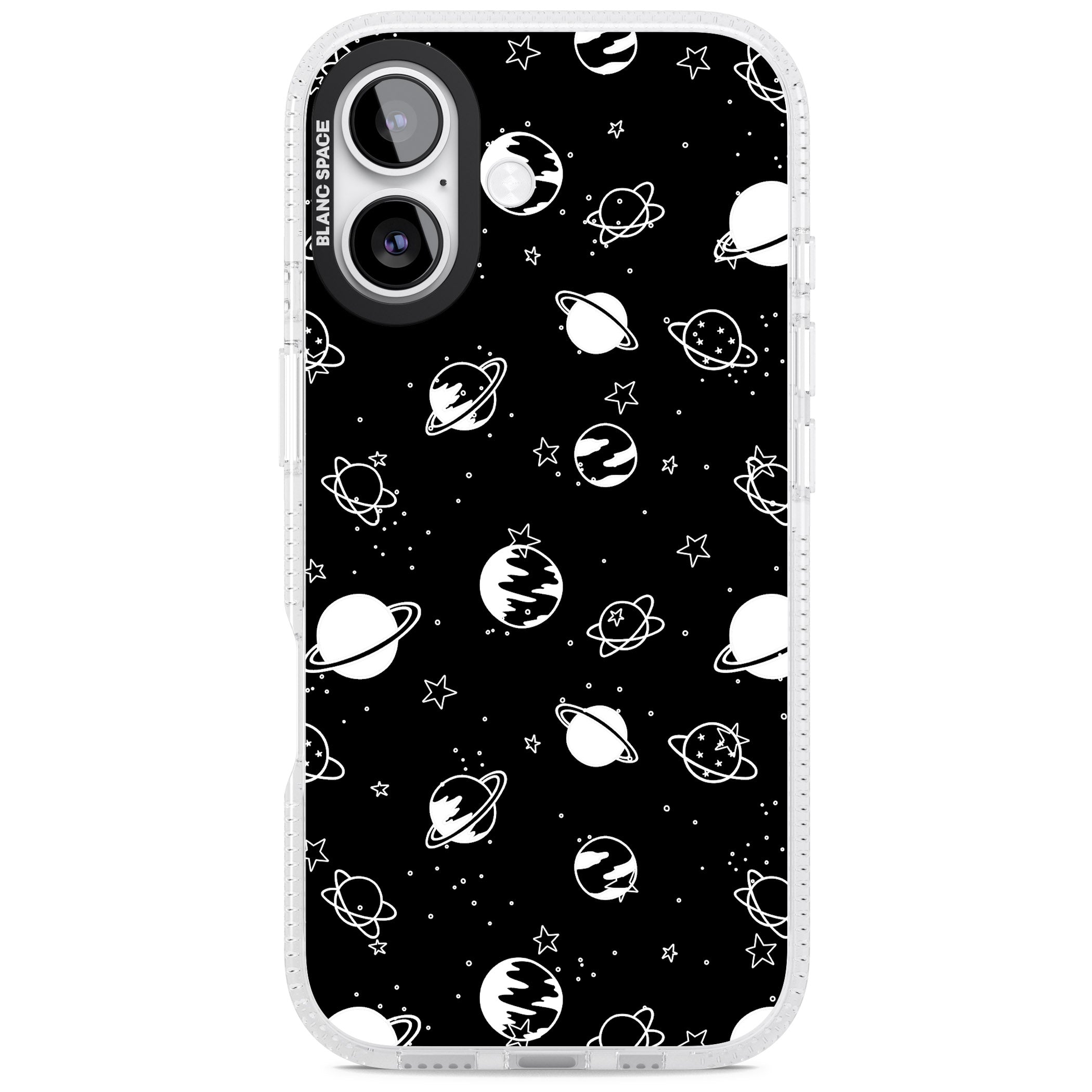 White Planets On Black iPhone 17 Impact Air Clear Phone Case