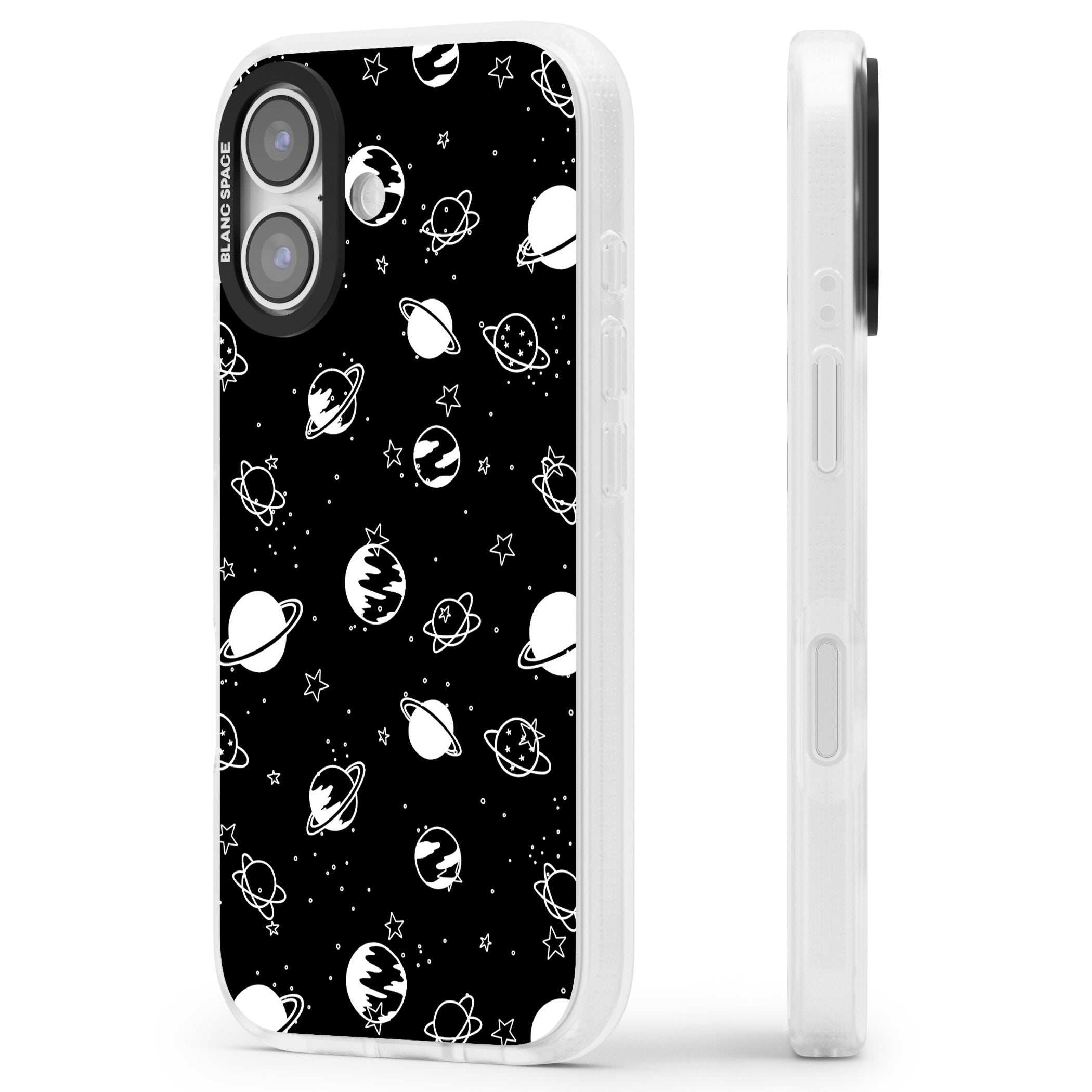 White Planets On Black iPhone 17 Impact Air Clear Phone Case Side Profile