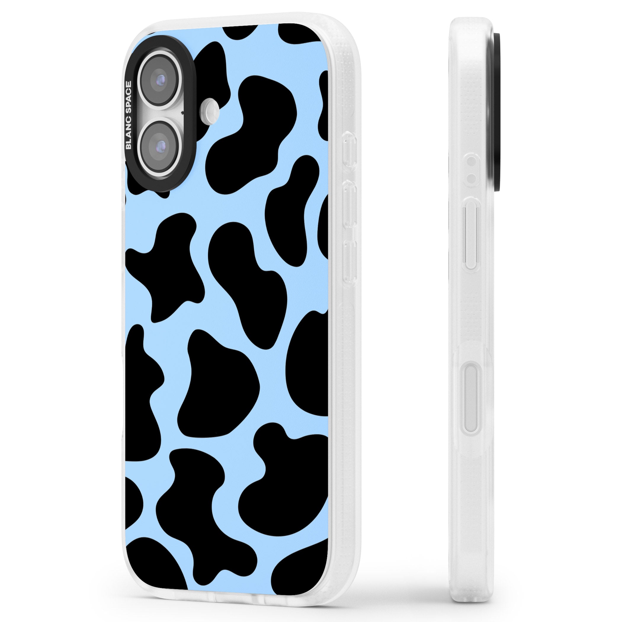 Blue And Black Cow Print iPhone 17 Impact Air Clear Phone Case Side Profile