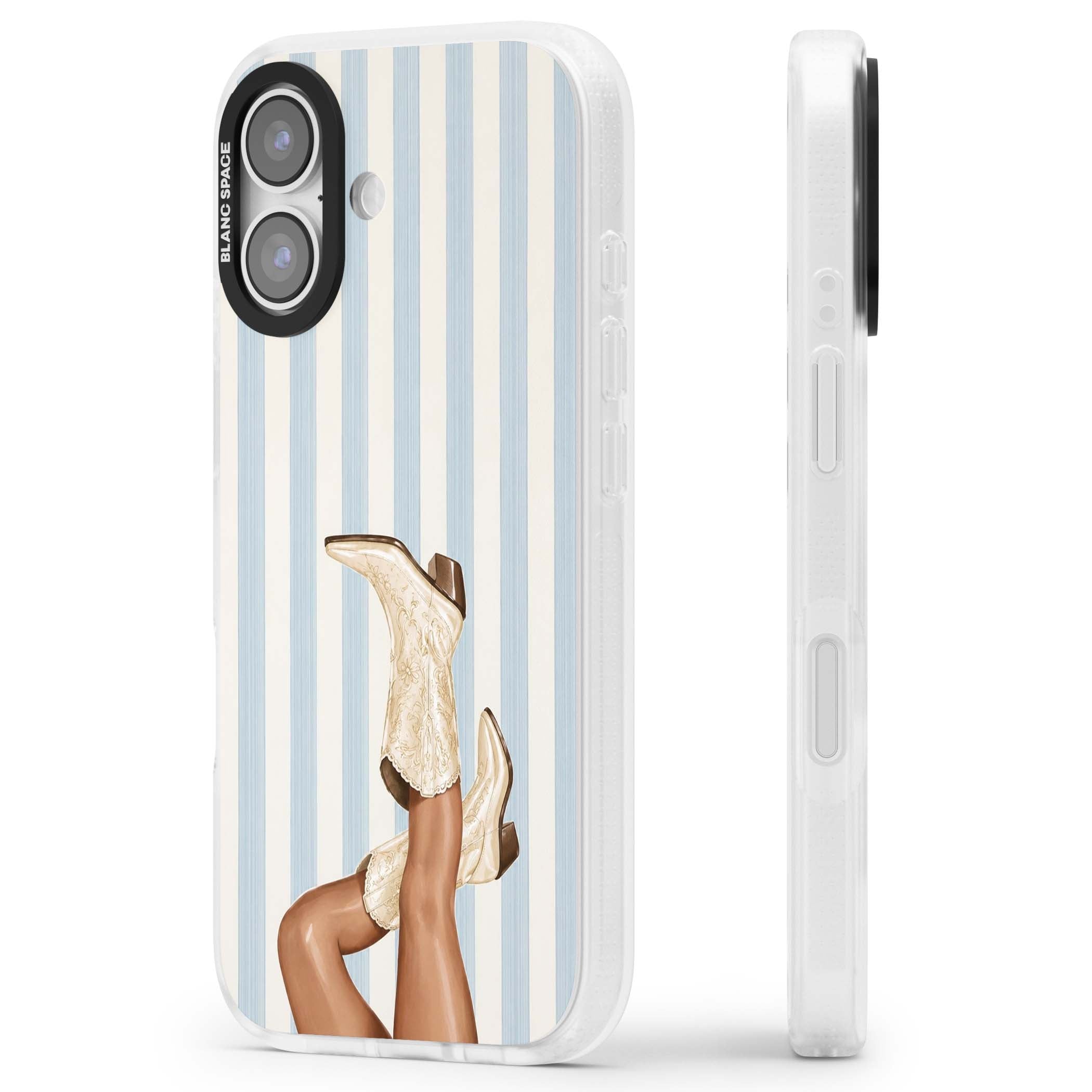 Cowgirl Boots coastal cowgirl iPhone case featuring embroidered western boots, tanned legs and a blue stripe backdrop | Clear Case Impact Air case for iPhone 17