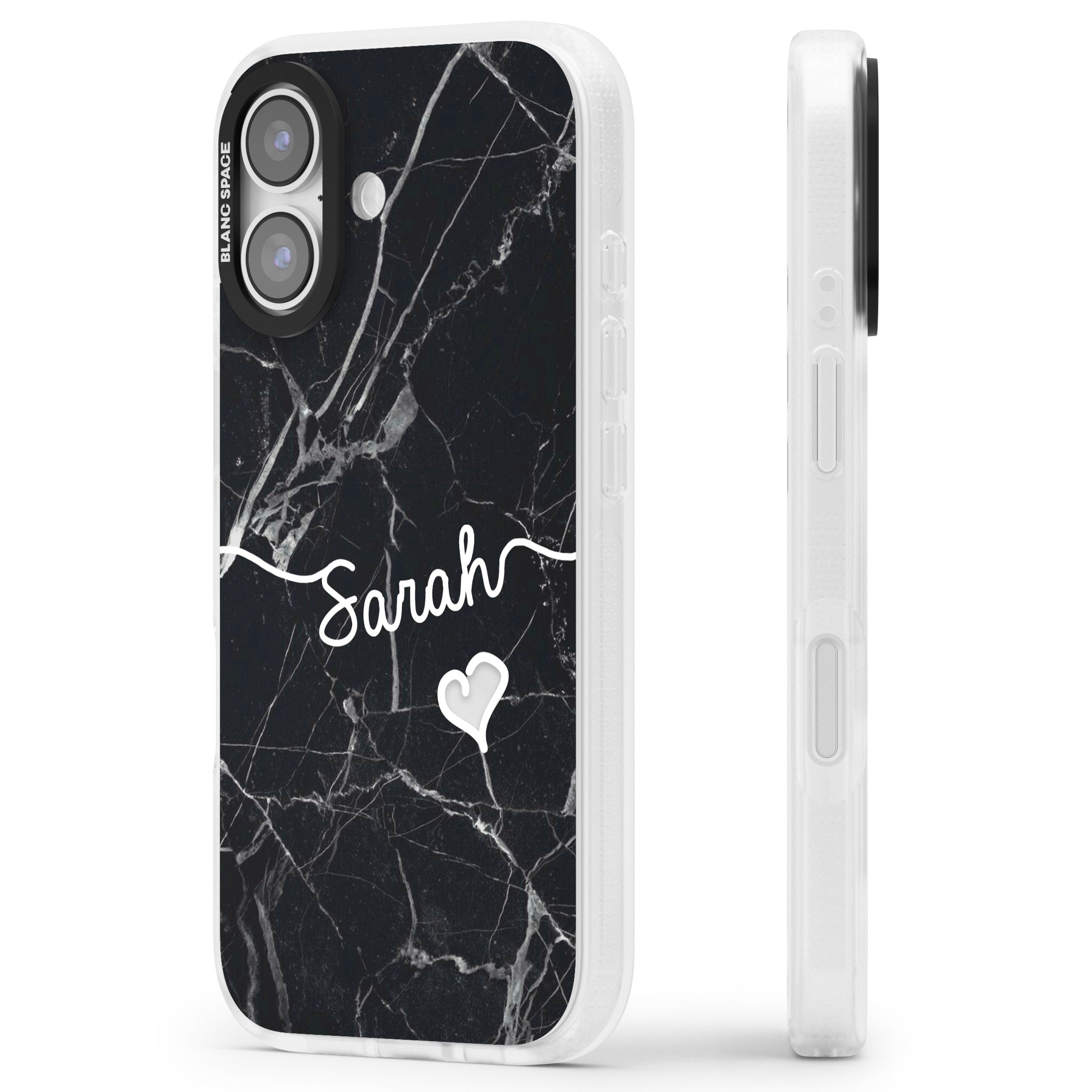 Personalised Black Marble Heart iPhone 17 Impact Air Clear Phone Case Side Profile