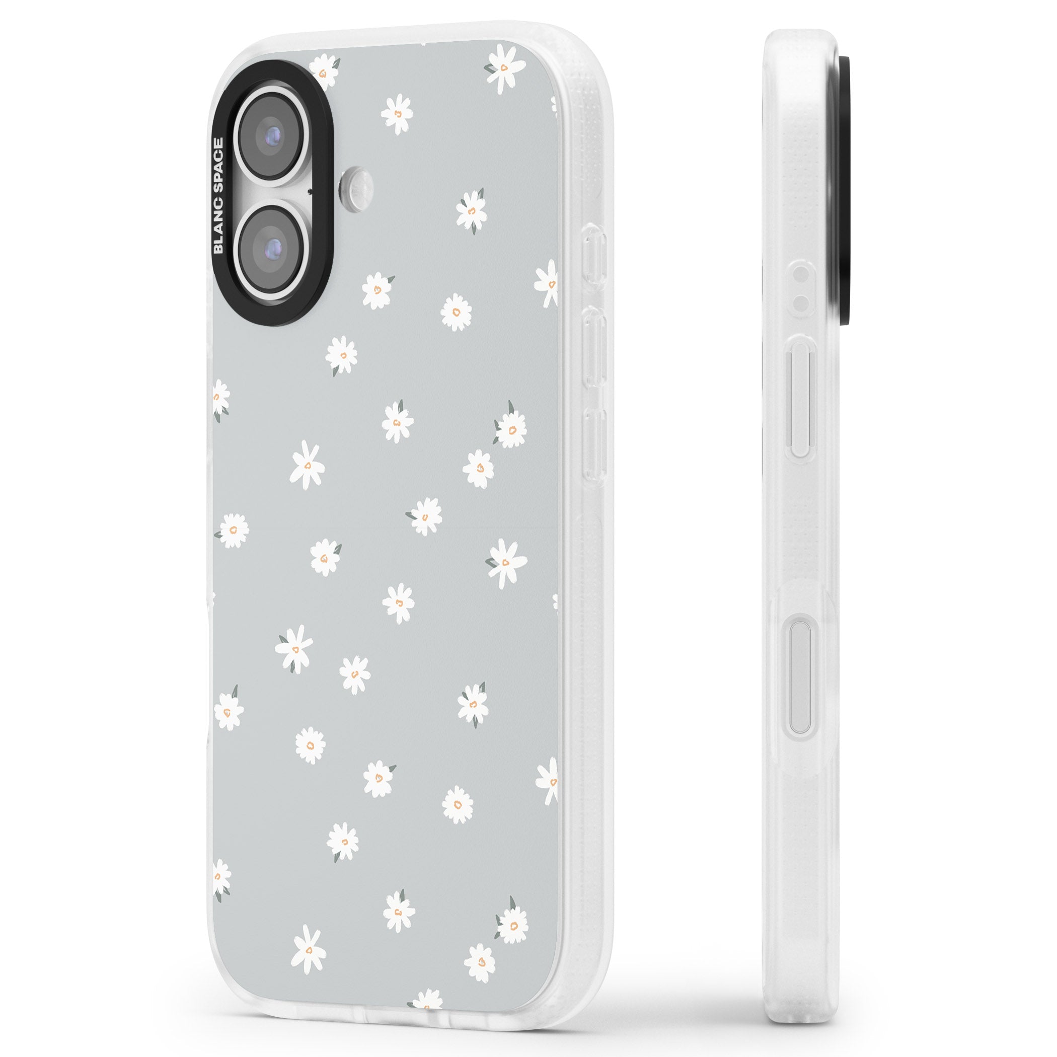 Painted Daisy Blue Grey iPhone 17 Impact Air Clear Phone Case Side Profile
