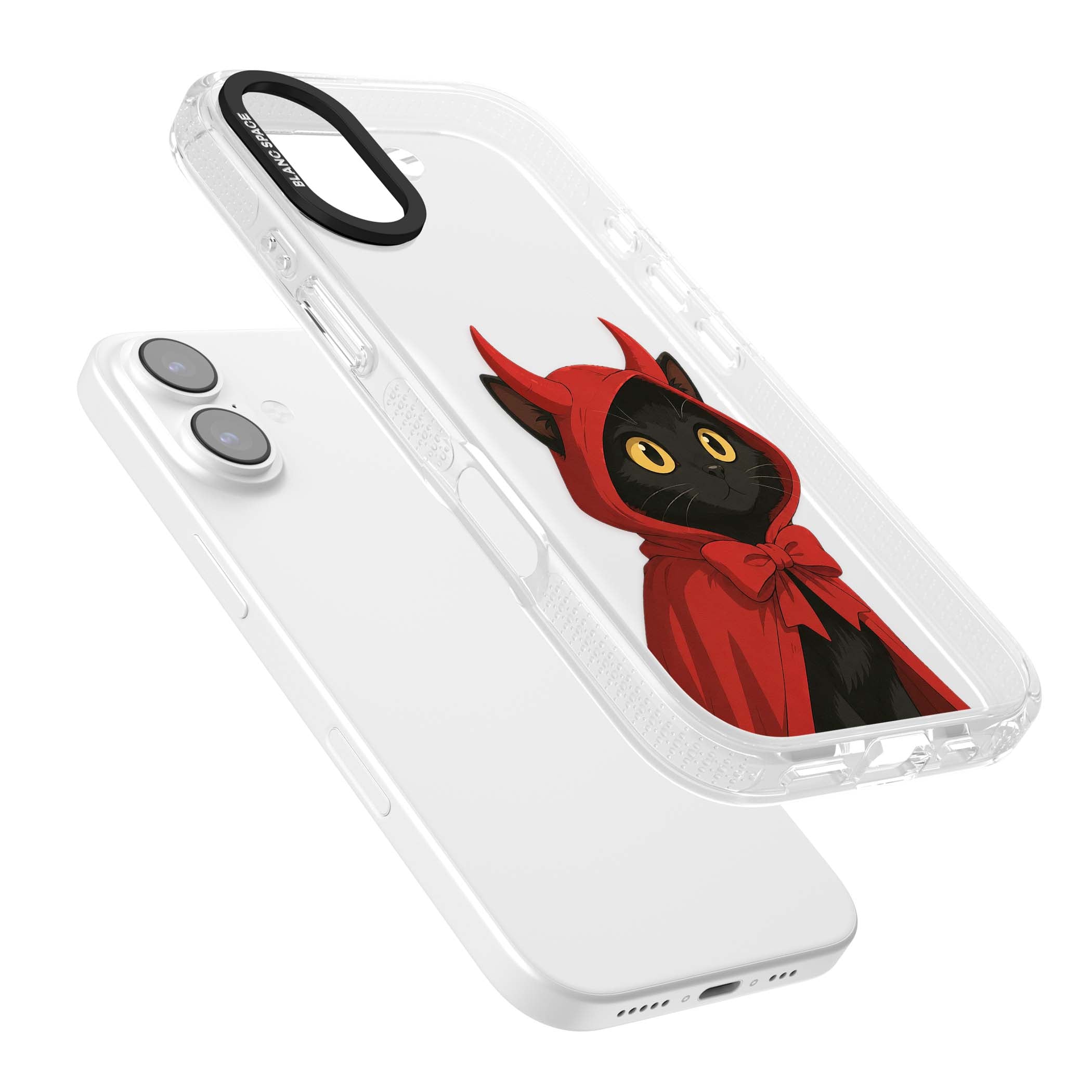 Little Devil halloween iPhone case featuring a black cat in a red hooded devil cloak with horns and golden eyes | Clear Case Impact Air case for iPhone 17