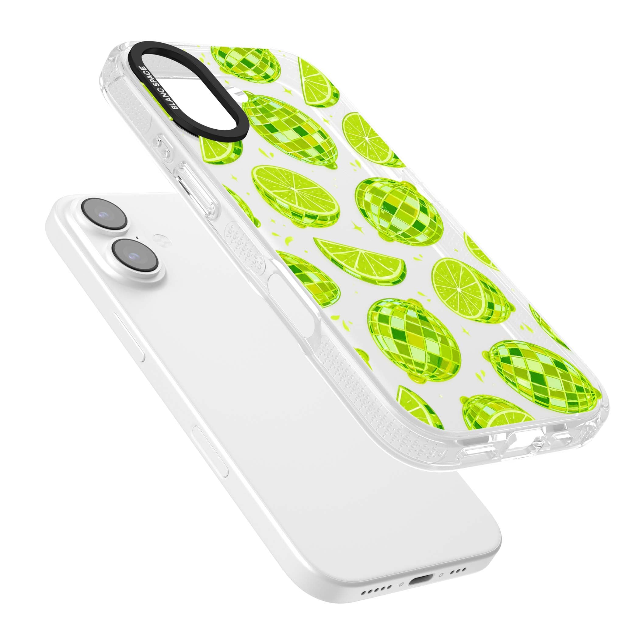 Disco Limes fruit aesthetic iPhone case featuring green disco balls, lime slices and citrus sparkles | Clear Case Impact Air case for iPhone 17