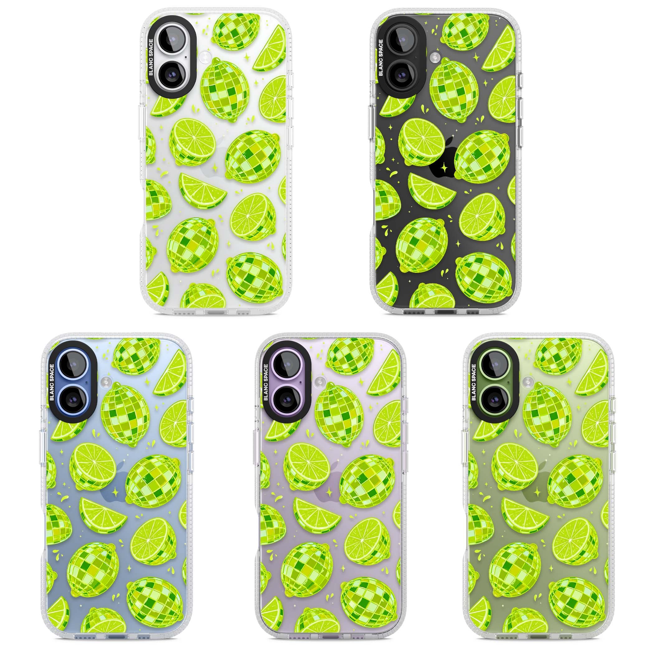 Disco Limes fruit aesthetic iPhone case featuring green disco balls, lime slices and citrus sparkles | Clear Case Impact Air case for iPhone 17