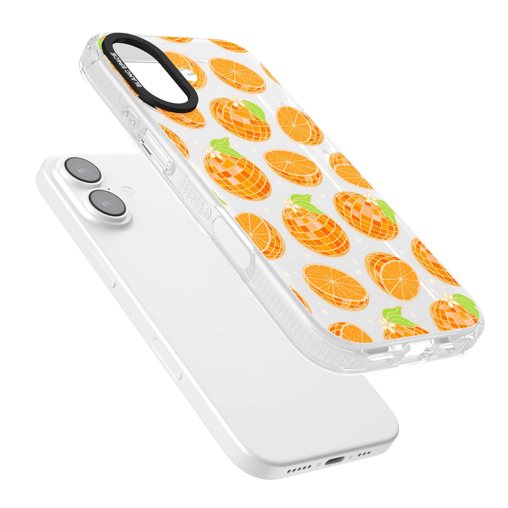 Disco Oranges retro iPhone case featuring mirrorball oranges, citrus slices and tiny blossoms on clear | Clear Case Impact Air case for iPhone 17