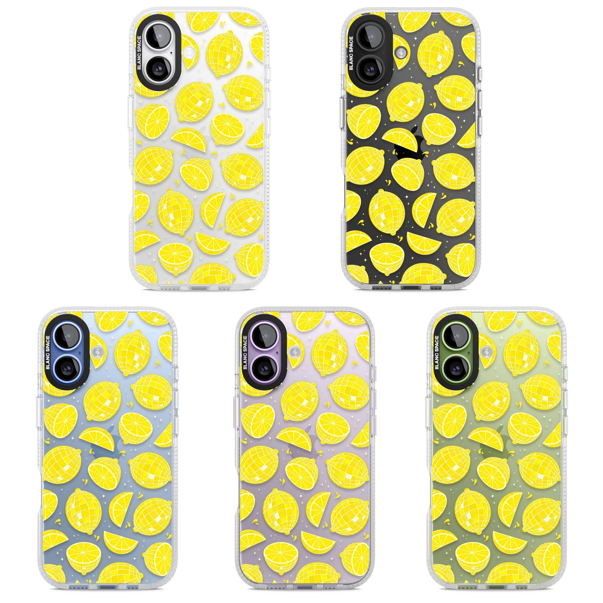 Disco Lemons citrus iPhone case featuring mirrorball lemons, sliced fruit and sparkle accents | Clear Case Impact Air case for iPhone 17