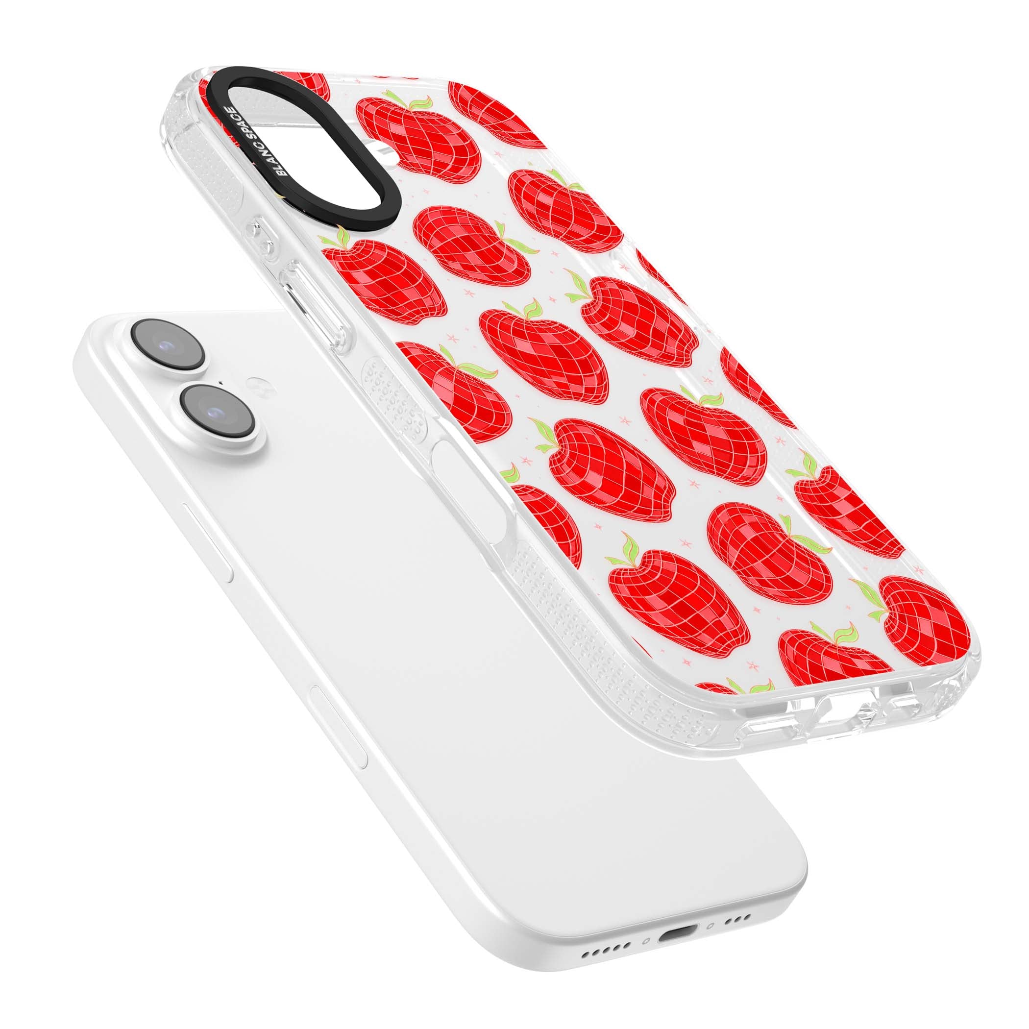 Disco Apples Y2K iPhone case featuring red disco ball apples, green leaves and pink sparkles on clear | Clear Case Impact Air case for iPhone 17