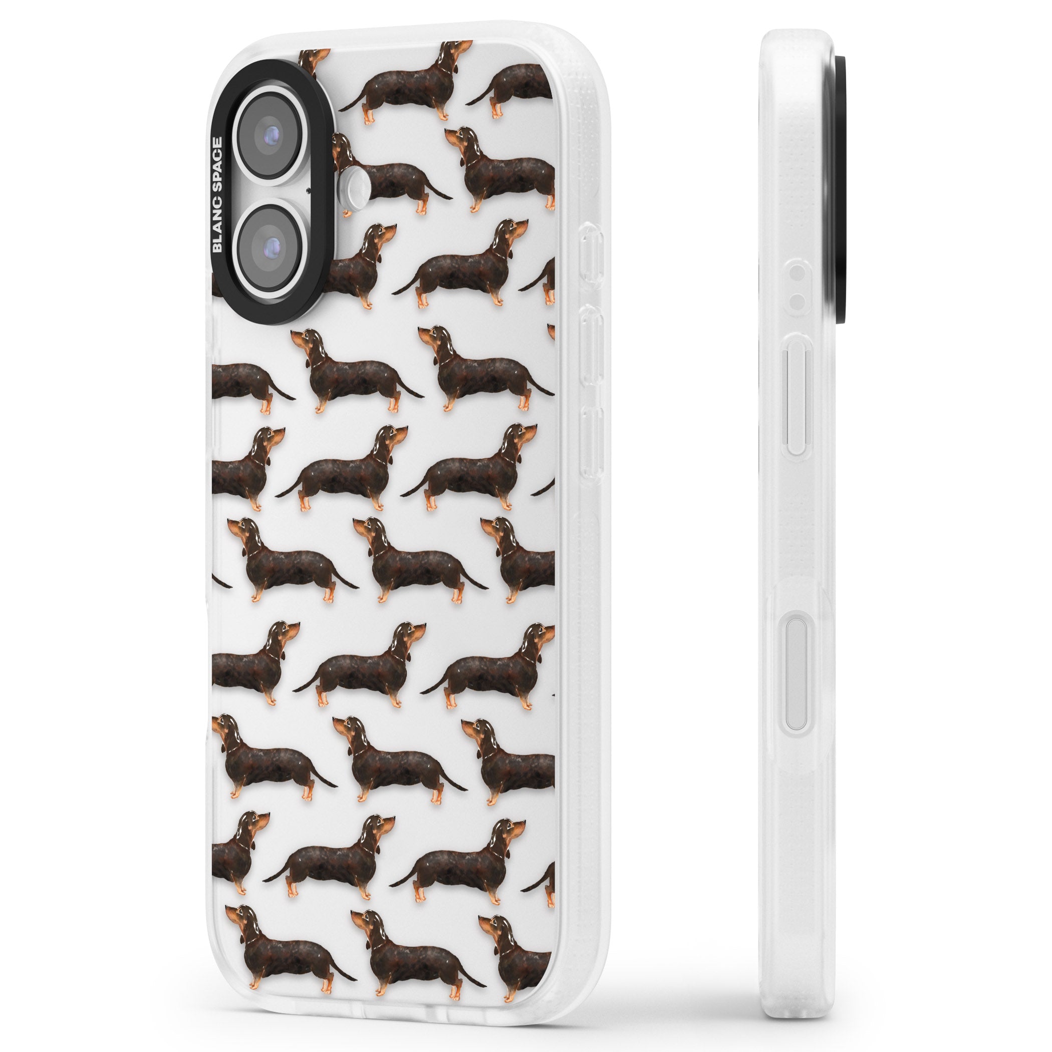 Dachshund Pattern Black Tan iPhone 17 Impact Air Clear Phone Case Side Profile